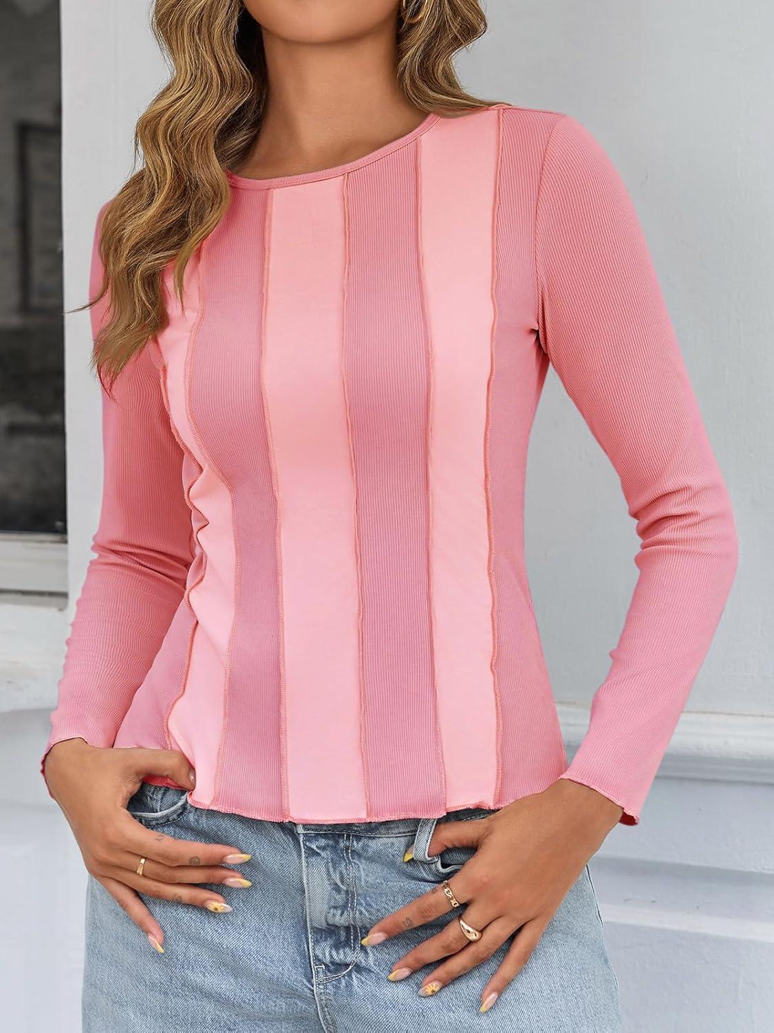 imageTankaneo Womens Long Sleeve TShirts Tops Striped Color Block Ribbed Slim Fitted Shirt Fall Fashion Going Out Y2K Tops 2025Pink