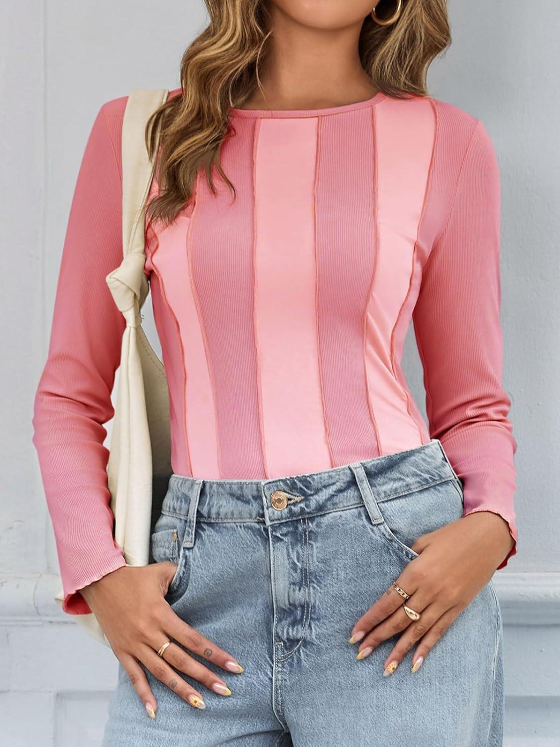 imageTankaneo Womens Long Sleeve TShirts Tops Striped Color Block Ribbed Slim Fitted Shirt Fall Fashion Going Out Y2K Tops 2025Pink
