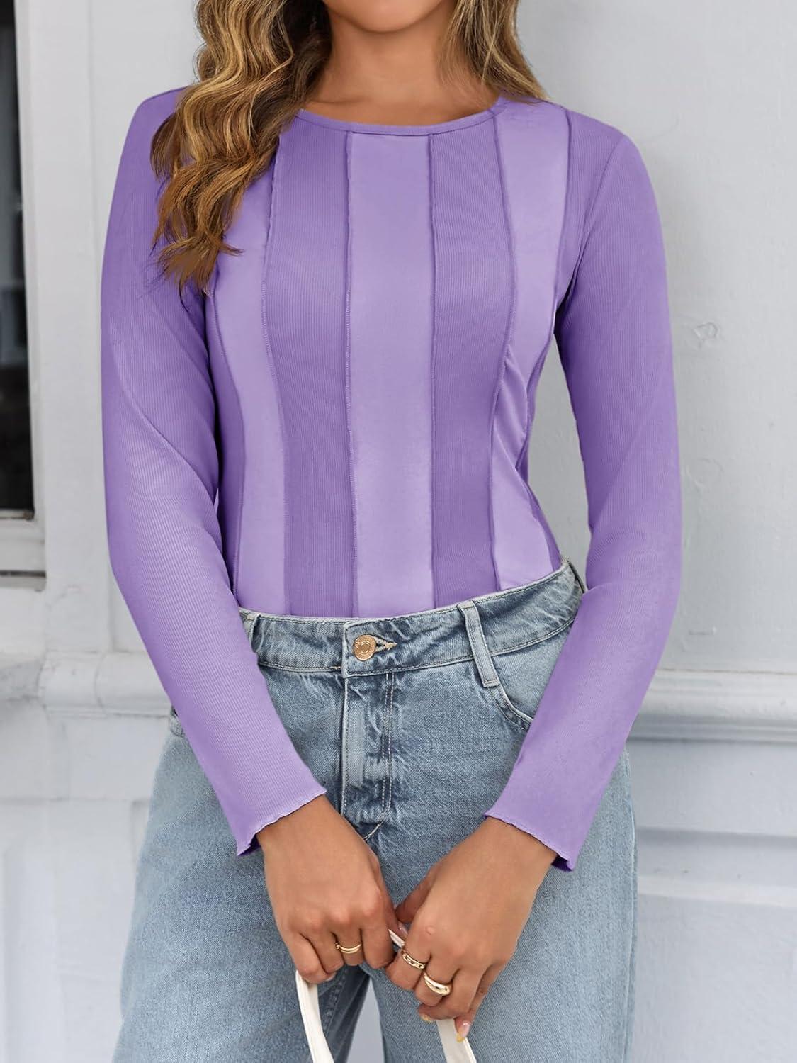 imageTankaneo Womens Long Sleeve TShirts Tops Striped Color Block Ribbed Slim Fitted Shirt Fall Fashion Going Out Y2K Tops 2025Purple