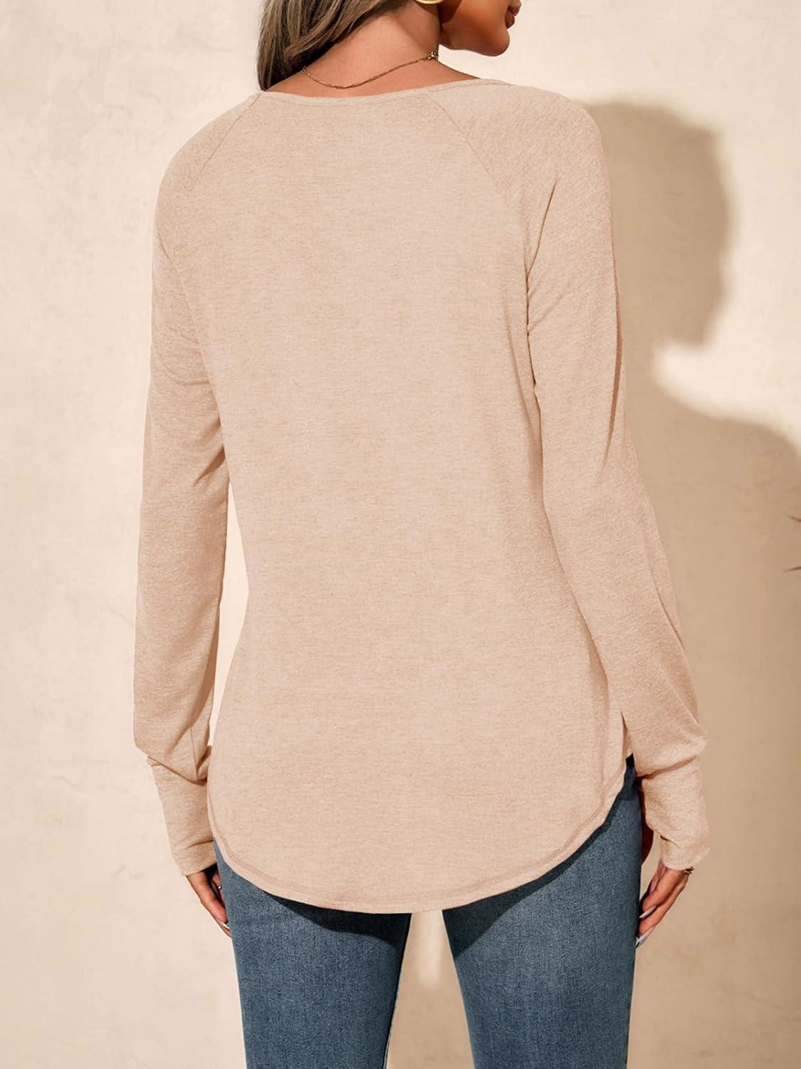 imageTankaneo Womens Long Sleeve V Neck Shirts Loose Fit Casual Tunic Tops Curved Hem Criss Cross with Thumb Hole T ShirtApricot