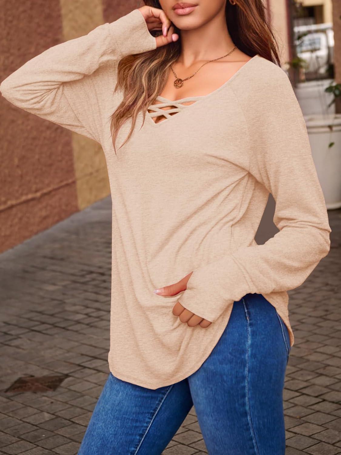 imageTankaneo Womens Long Sleeve V Neck Shirts Loose Fit Casual Tunic Tops Curved Hem Criss Cross with Thumb Hole T ShirtApricot