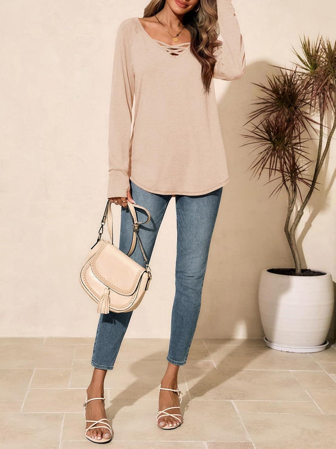 imageTankaneo Womens Long Sleeve V Neck Shirts Loose Fit Casual Tunic Tops Curved Hem Criss Cross with Thumb Hole T ShirtApricot
