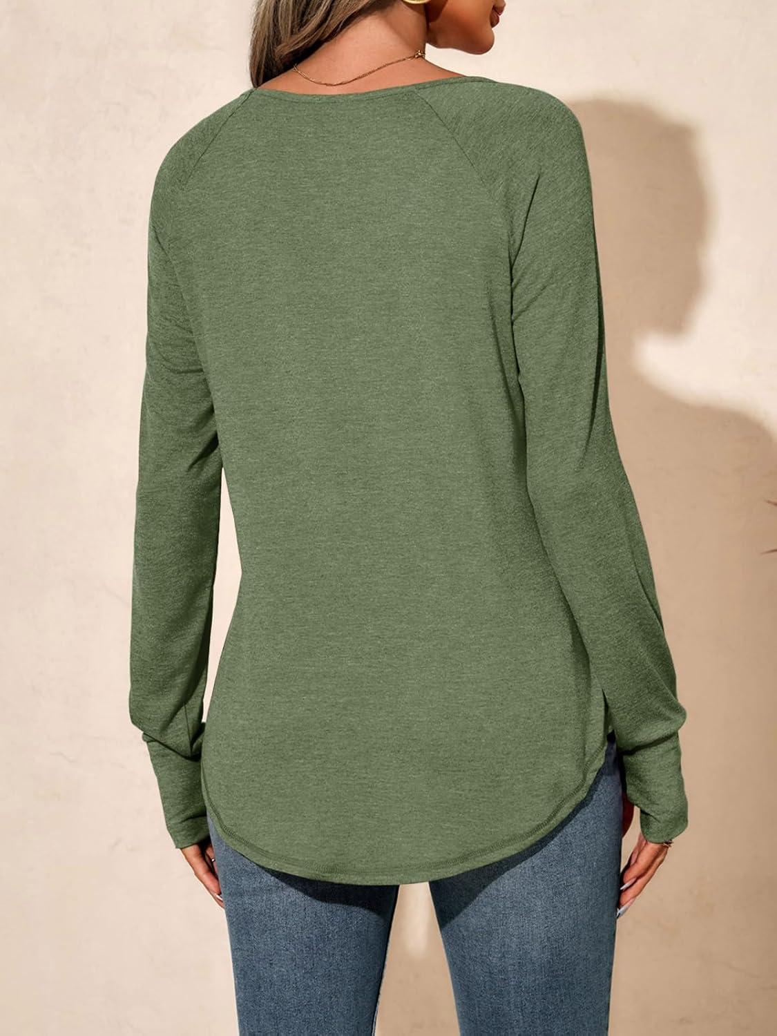 imageTankaneo Womens Long Sleeve V Neck Shirts Loose Fit Casual Tunic Tops Curved Hem Criss Cross with Thumb Hole T ShirtArmy Green