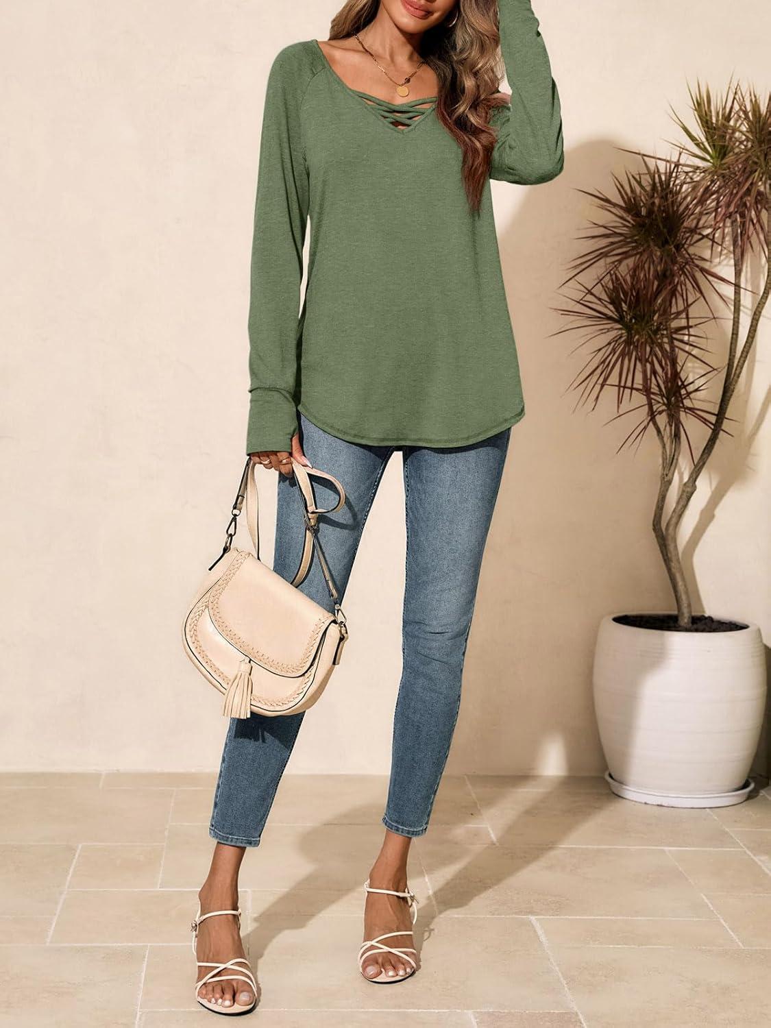 imageTankaneo Womens Long Sleeve V Neck Shirts Loose Fit Casual Tunic Tops Curved Hem Criss Cross with Thumb Hole T ShirtArmy Green
