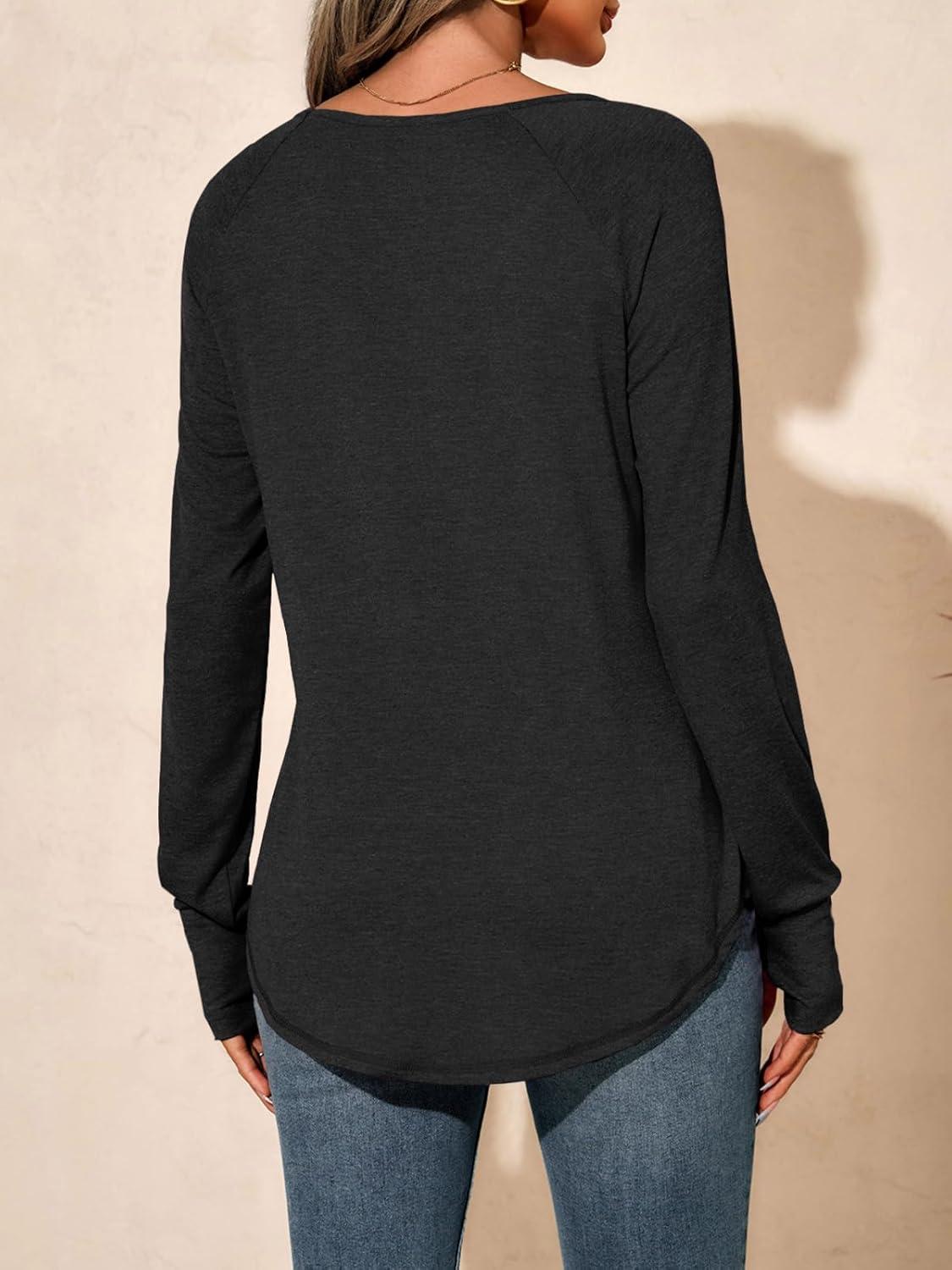 imageTankaneo Womens Long Sleeve V Neck Shirts Loose Fit Casual Tunic Tops Curved Hem Criss Cross with Thumb Hole T ShirtBlack