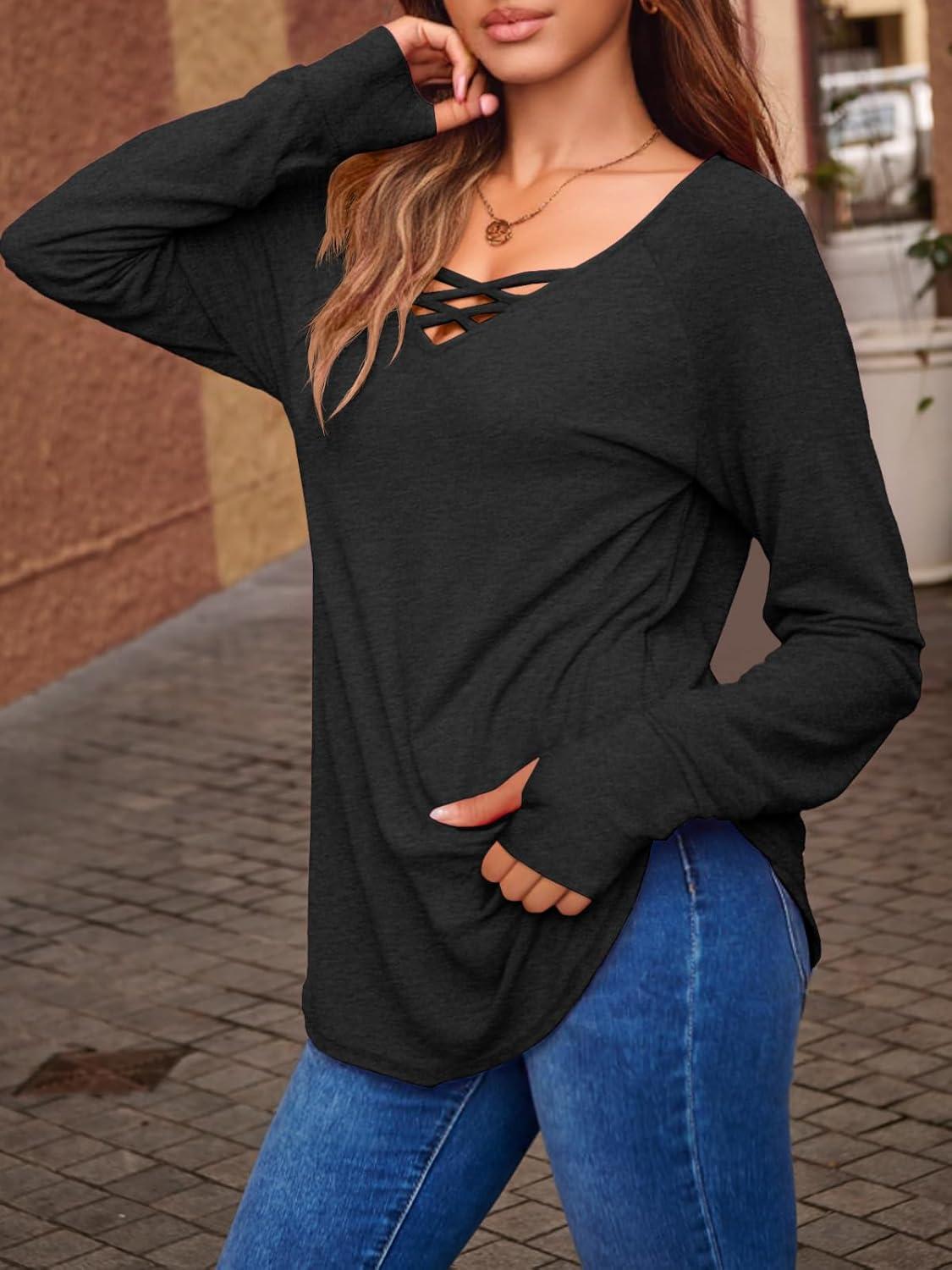 imageTankaneo Womens Long Sleeve V Neck Shirts Loose Fit Casual Tunic Tops Curved Hem Criss Cross with Thumb Hole T ShirtBlack