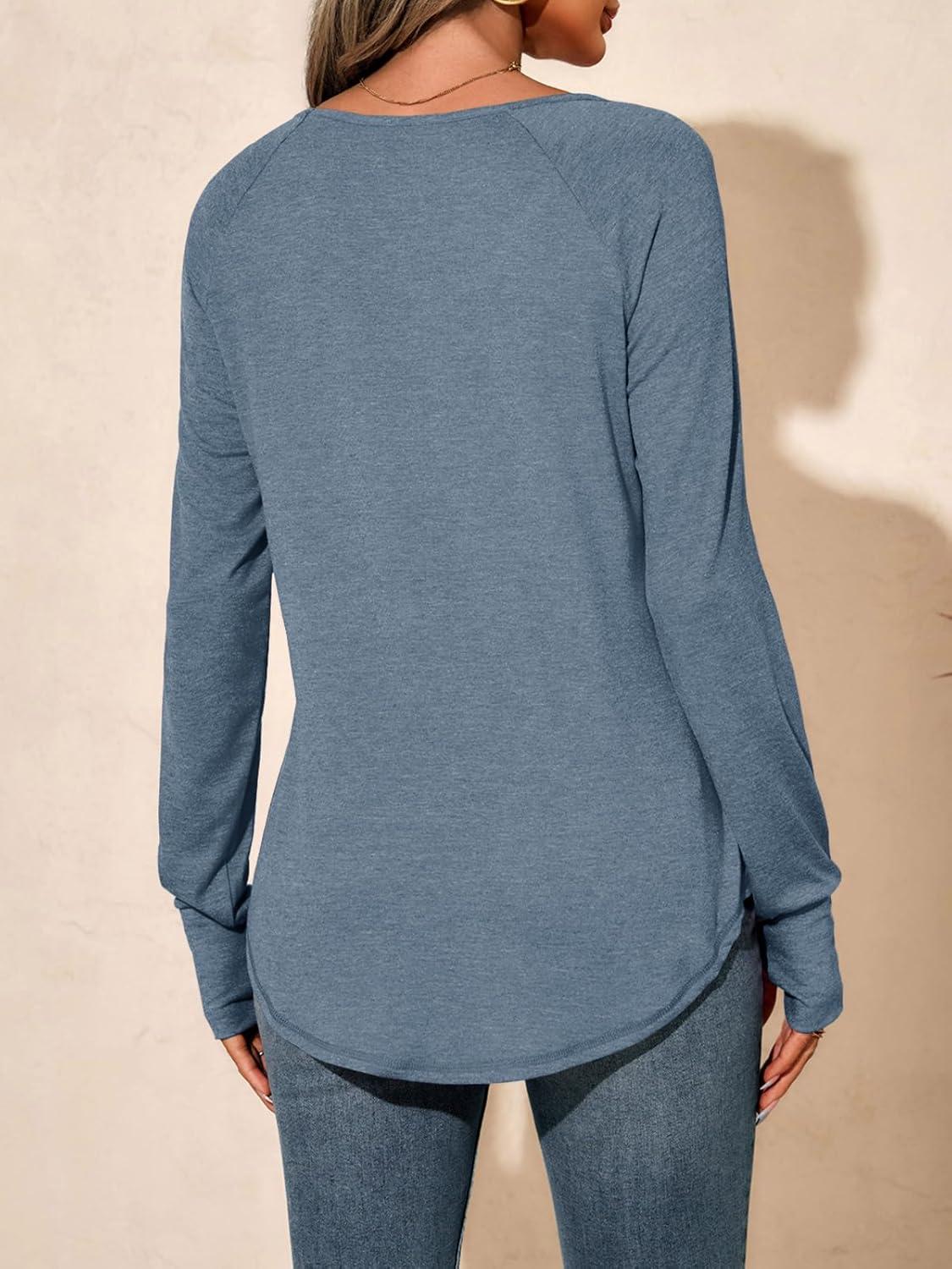 imageTankaneo Womens Long Sleeve V Neck Shirts Loose Fit Casual Tunic Tops Curved Hem Criss Cross with Thumb Hole T ShirtBluish Gray