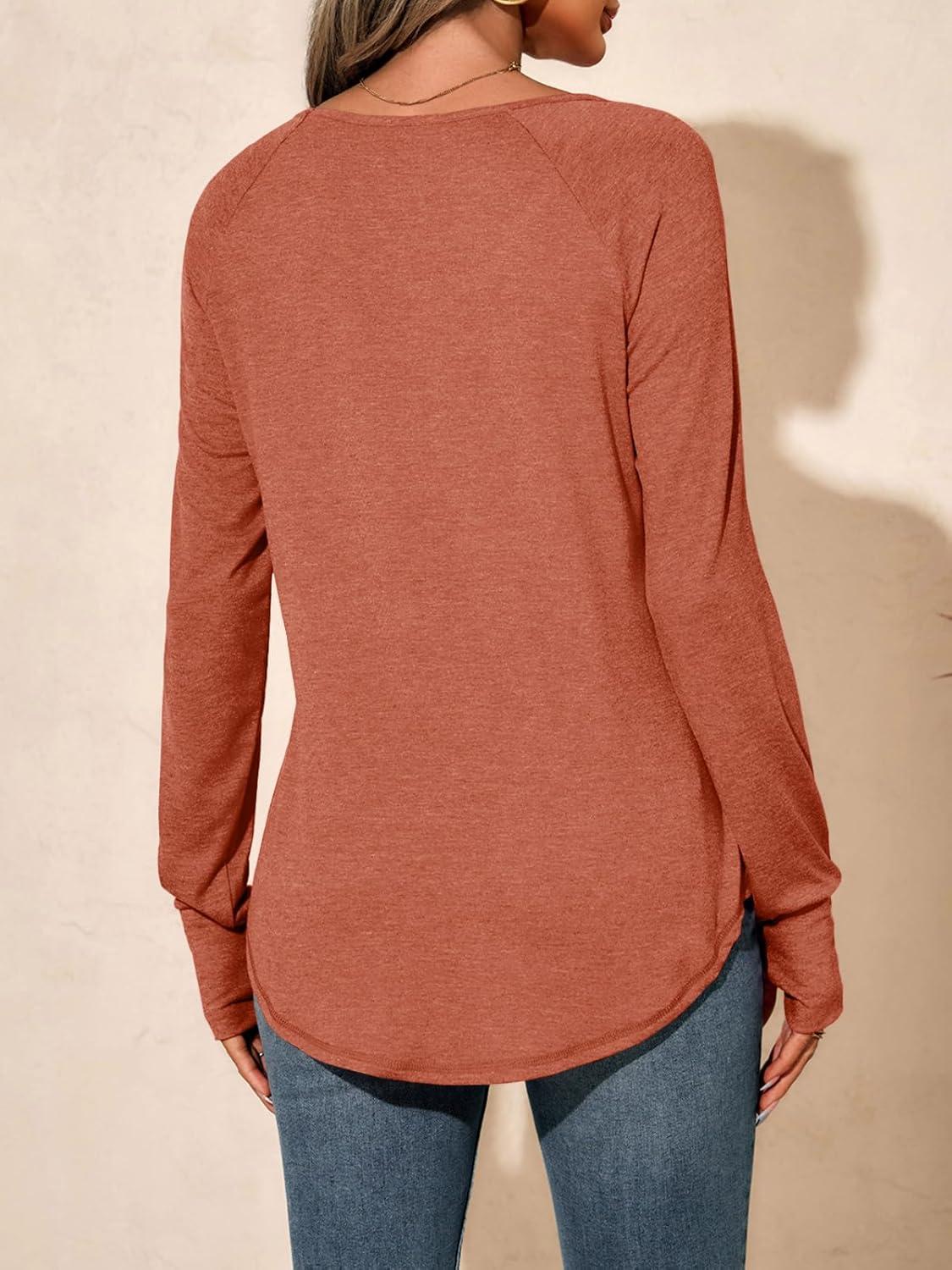 imageTankaneo Womens Long Sleeve V Neck Shirts Loose Fit Casual Tunic Tops Curved Hem Criss Cross with Thumb Hole T ShirtBrick Red