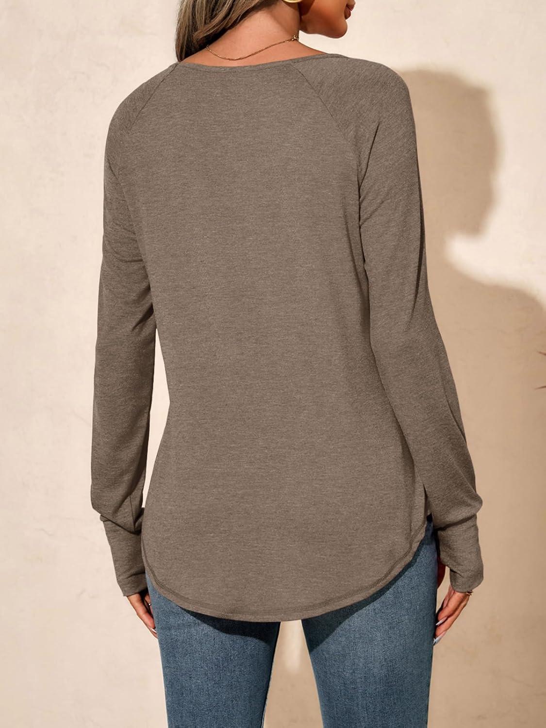 imageTankaneo Womens Long Sleeve V Neck Shirts Loose Fit Casual Tunic Tops Curved Hem Criss Cross with Thumb Hole T ShirtBrown