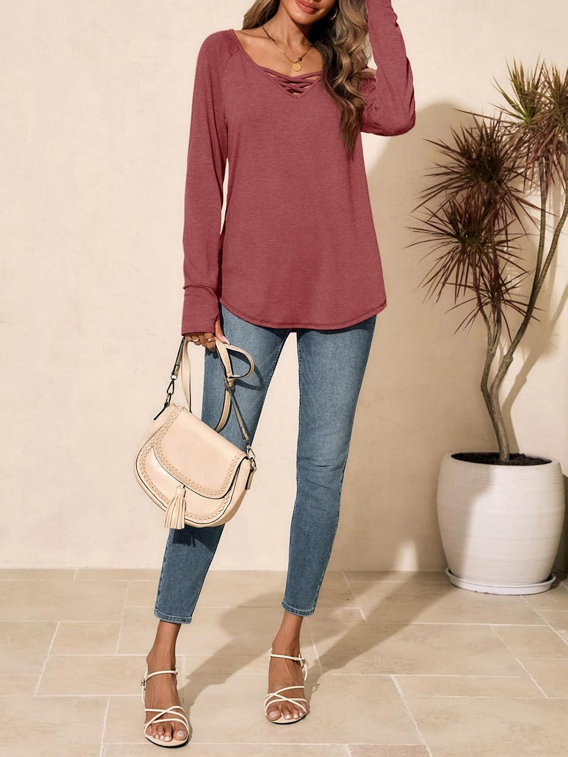 imageTankaneo Womens Long Sleeve V Neck Shirts Loose Fit Casual Tunic Tops Curved Hem Criss Cross with Thumb Hole T ShirtBurgundy