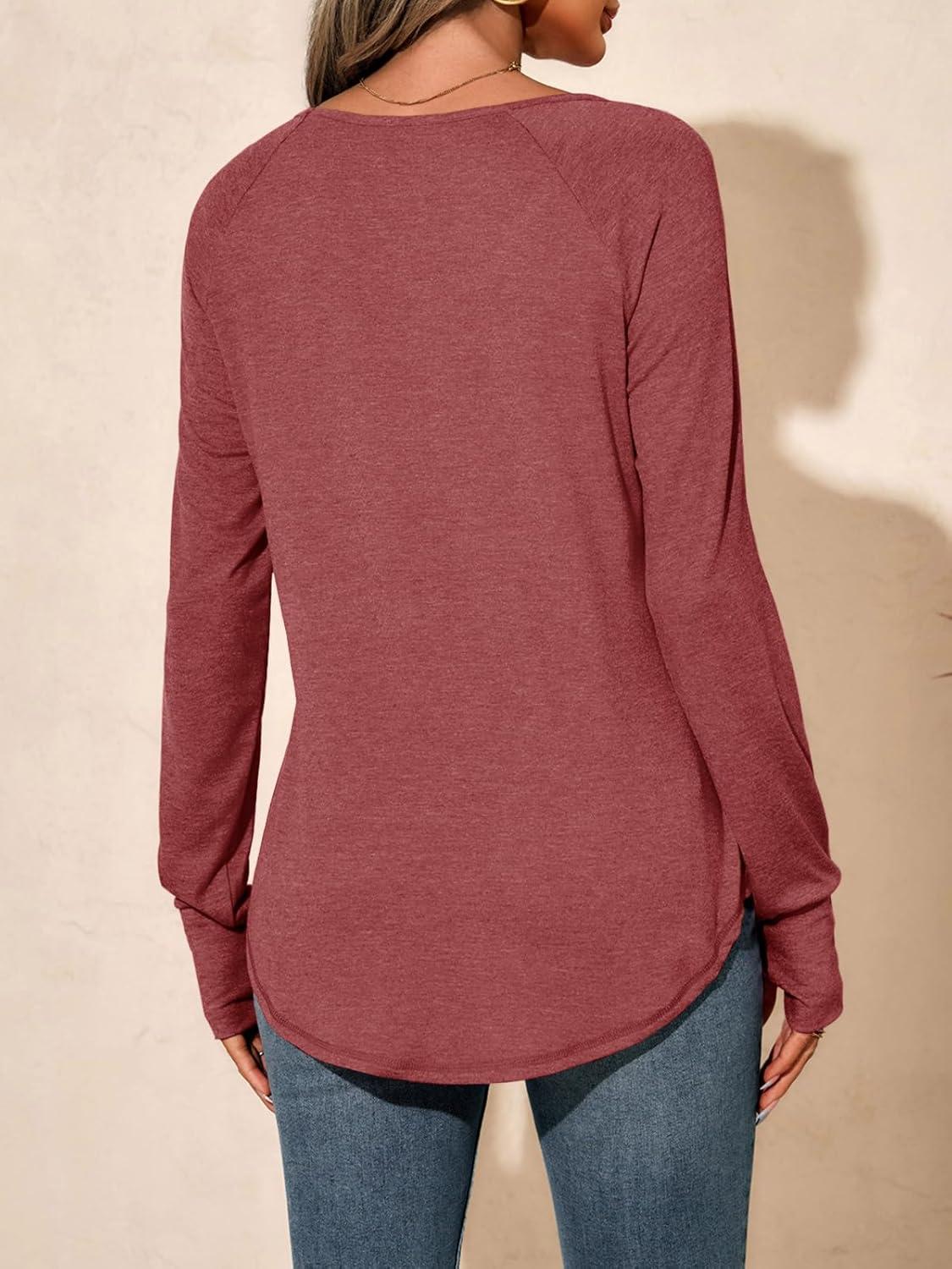 imageTankaneo Womens Long Sleeve V Neck Shirts Loose Fit Casual Tunic Tops Curved Hem Criss Cross with Thumb Hole T ShirtBurgundy