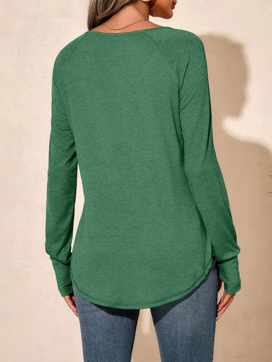 imageTankaneo Womens Long Sleeve V Neck Shirts Loose Fit Casual Tunic Tops Curved Hem Criss Cross with Thumb Hole T ShirtDark Green