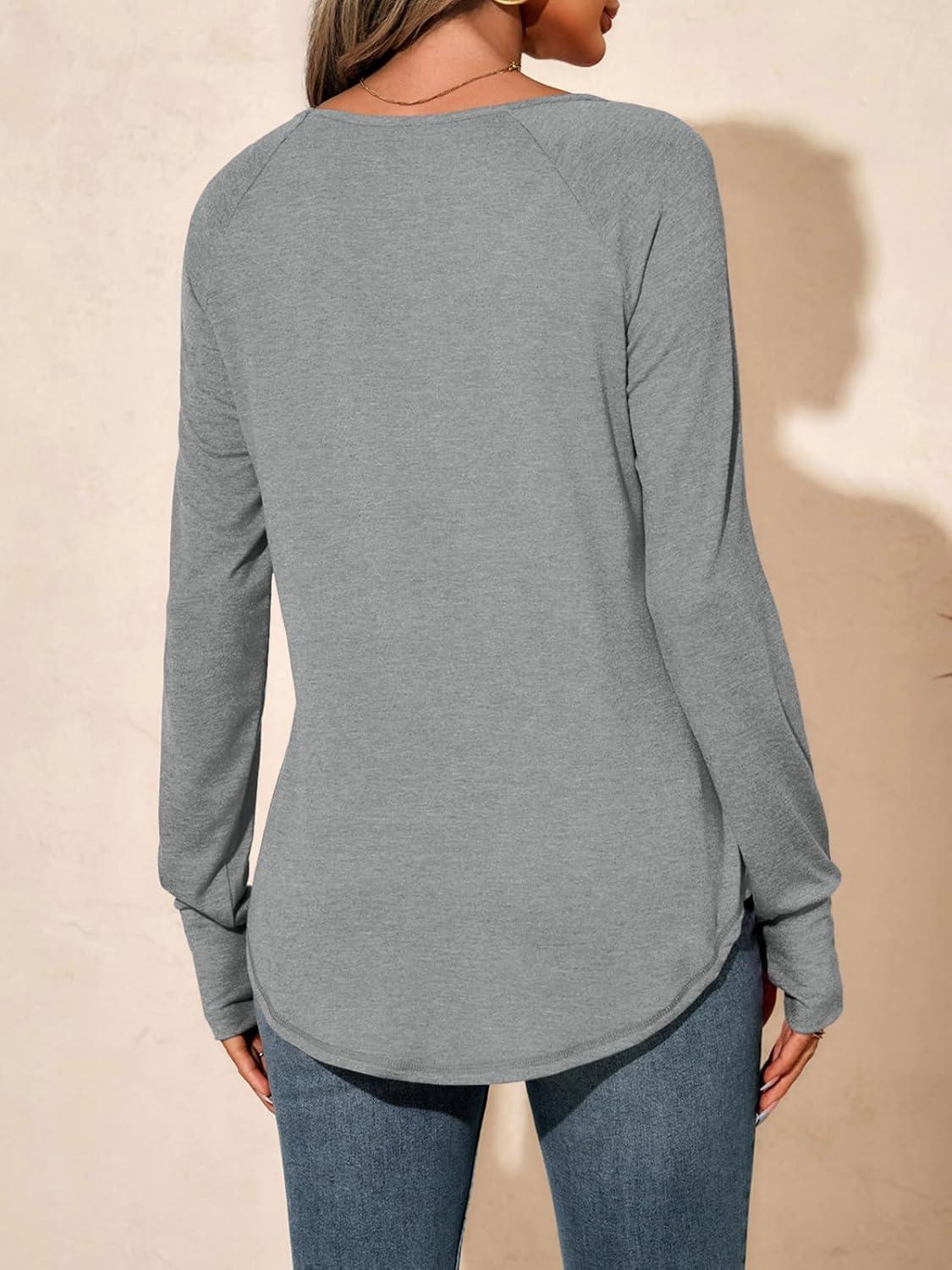 imageTankaneo Womens Long Sleeve V Neck Shirts Loose Fit Casual Tunic Tops Curved Hem Criss Cross with Thumb Hole T ShirtGrey