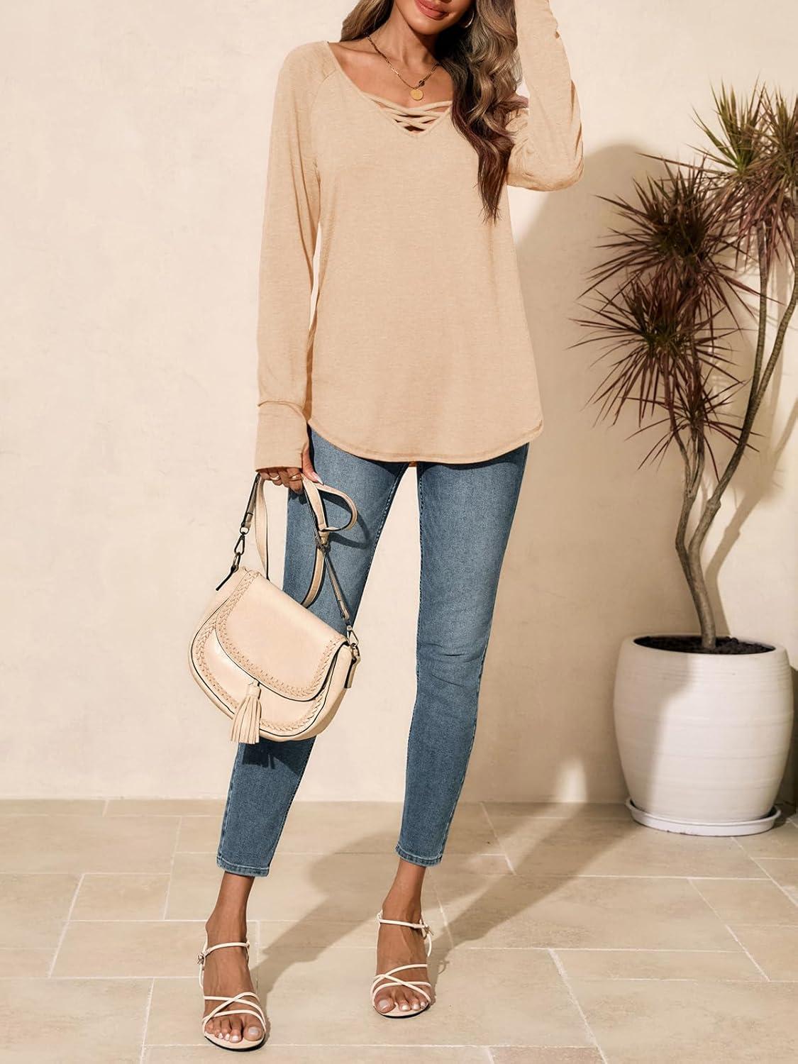 imageTankaneo Womens Long Sleeve V Neck Shirts Loose Fit Casual Tunic Tops Curved Hem Criss Cross with Thumb Hole T ShirtLight Khaki