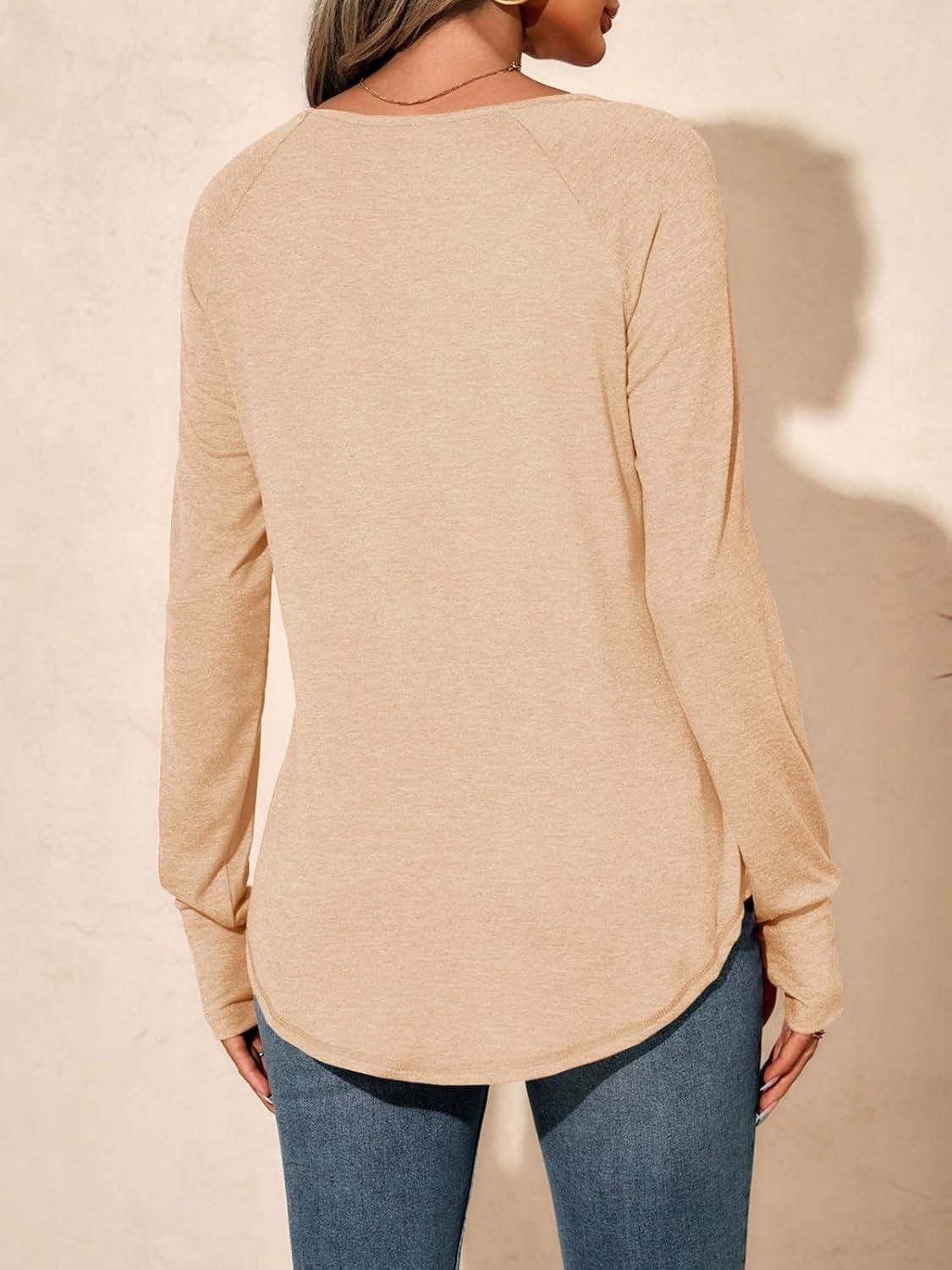 imageTankaneo Womens Long Sleeve V Neck Shirts Loose Fit Casual Tunic Tops Curved Hem Criss Cross with Thumb Hole T ShirtLight Khaki