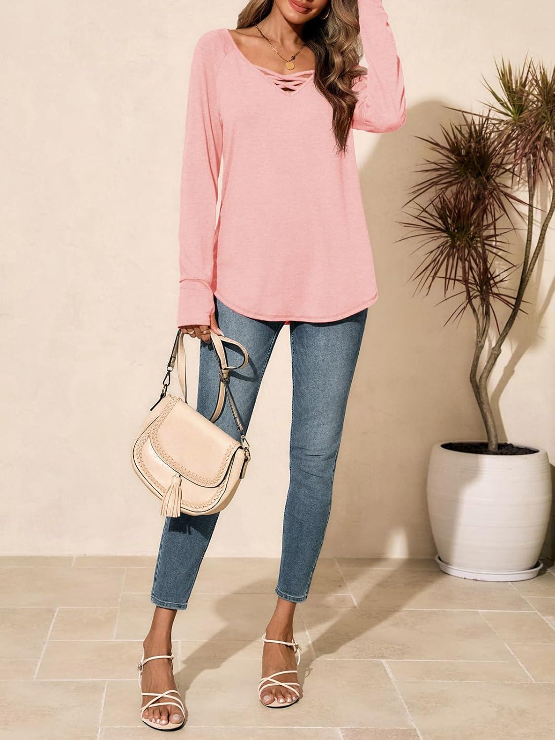 imageTankaneo Womens Long Sleeve V Neck Shirts Loose Fit Casual Tunic Tops Curved Hem Criss Cross with Thumb Hole T ShirtLight Pink