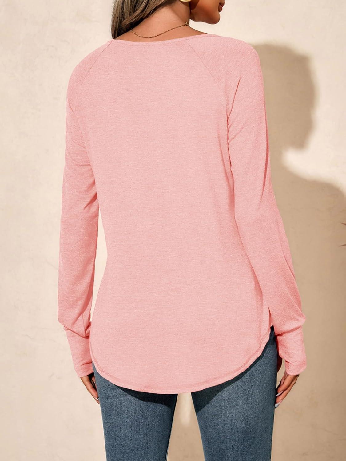 imageTankaneo Womens Long Sleeve V Neck Shirts Loose Fit Casual Tunic Tops Curved Hem Criss Cross with Thumb Hole T ShirtLight Pink