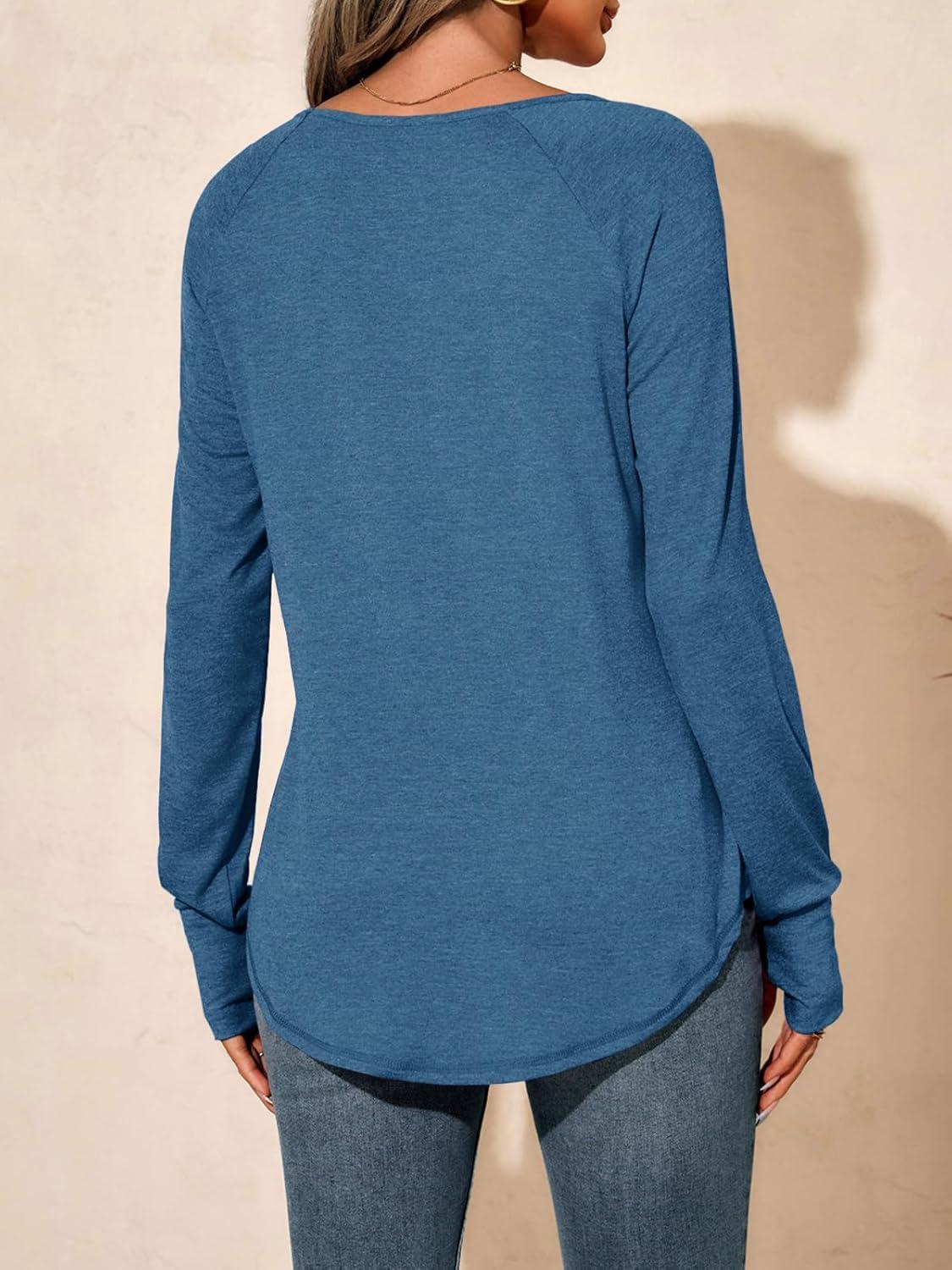 imageTankaneo Womens Long Sleeve V Neck Shirts Loose Fit Casual Tunic Tops Curved Hem Criss Cross with Thumb Hole T ShirtNavy