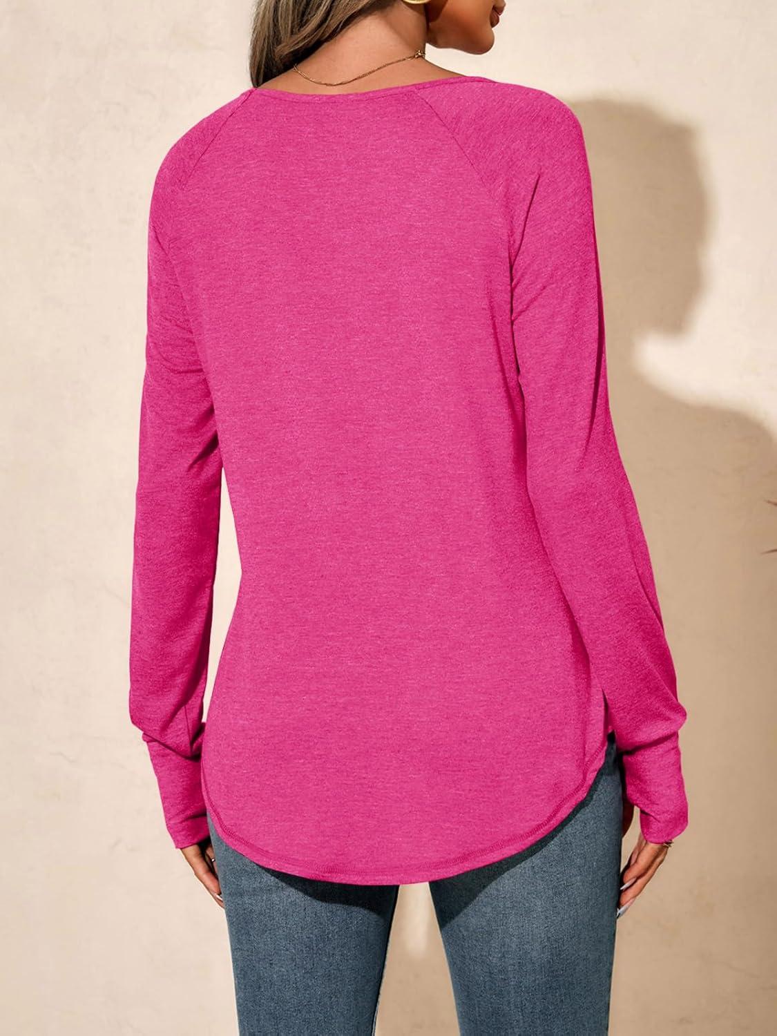 imageTankaneo Womens Long Sleeve V Neck Shirts Loose Fit Casual Tunic Tops Curved Hem Criss Cross with Thumb Hole T ShirtRose Red