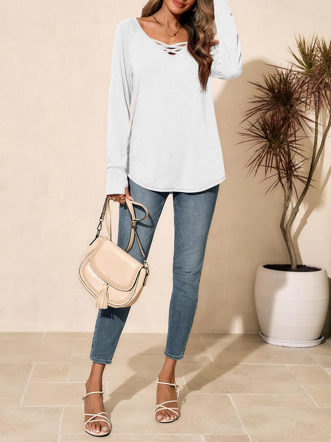 imageTankaneo Womens Long Sleeve V Neck Shirts Loose Fit Casual Tunic Tops Curved Hem Criss Cross with Thumb Hole T ShirtWhite