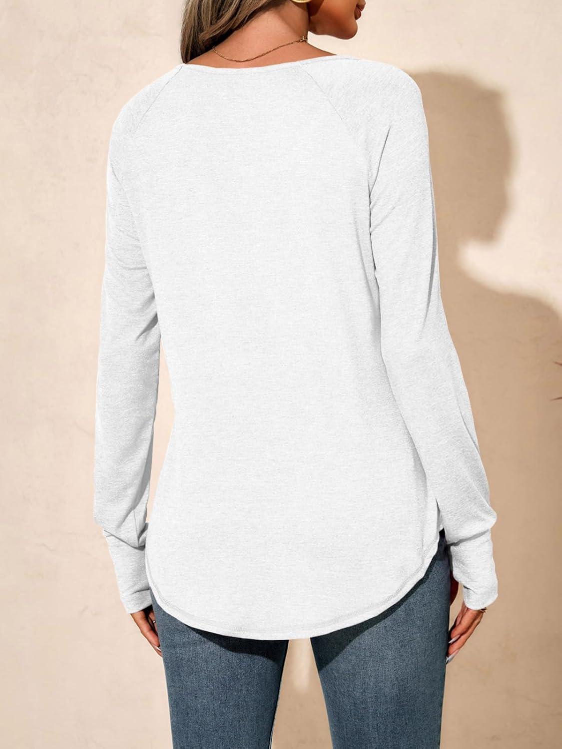 imageTankaneo Womens Long Sleeve V Neck Shirts Loose Fit Casual Tunic Tops Curved Hem Criss Cross with Thumb Hole T ShirtWhite