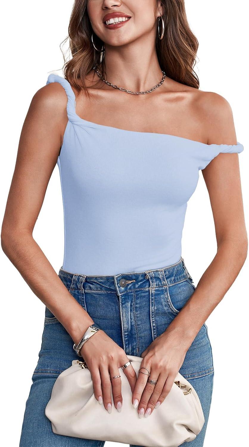 imageTankaneo Womens Off The Shoulder Top Sleeveless Slim Fit Stretchy Tank Top Y2k Casual T ShirtsBlue