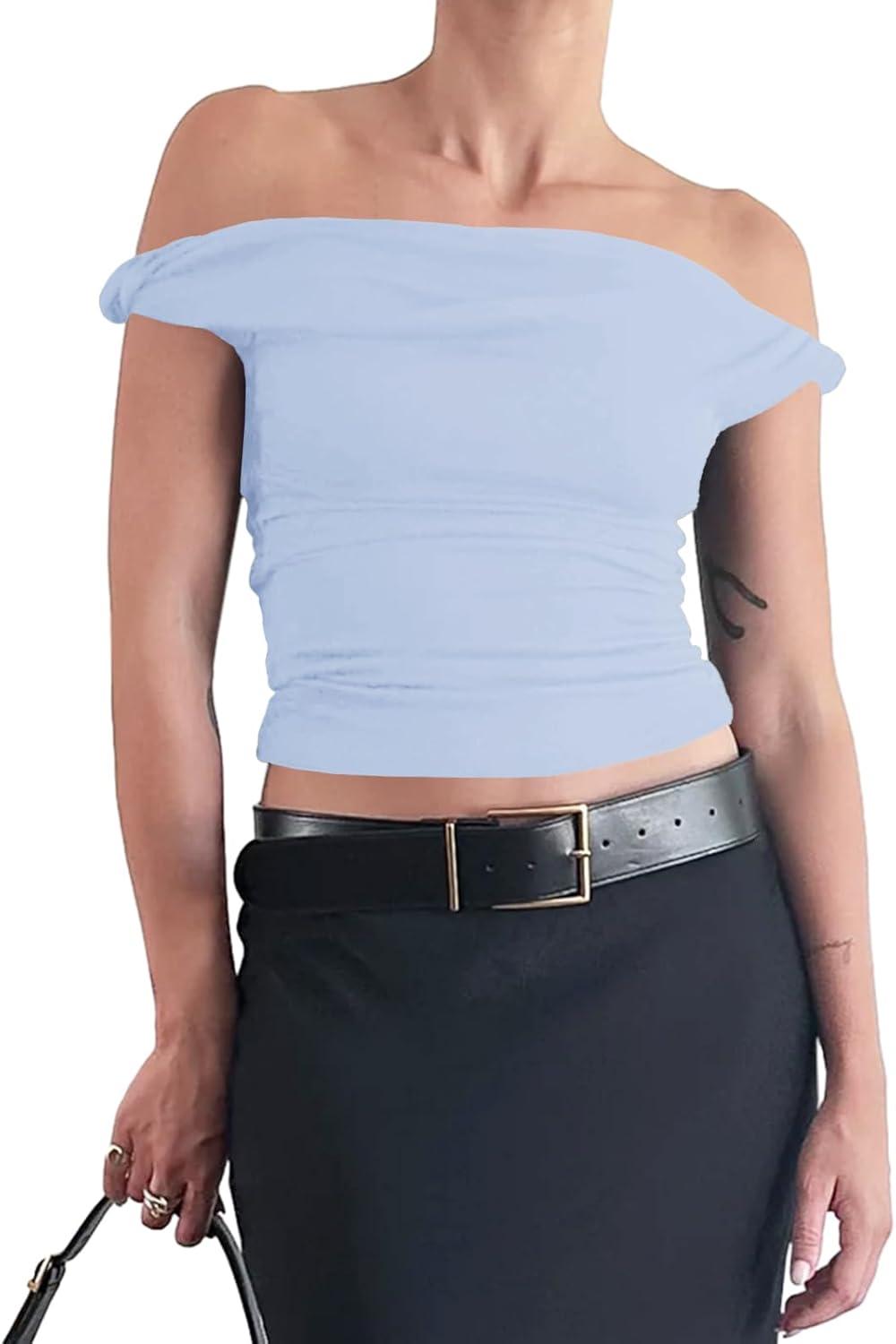 imageTankaneo Womens Off The Shoulder Top Sleeveless Slim Fit Stretchy Tank Top Y2k Casual T ShirtsBlue