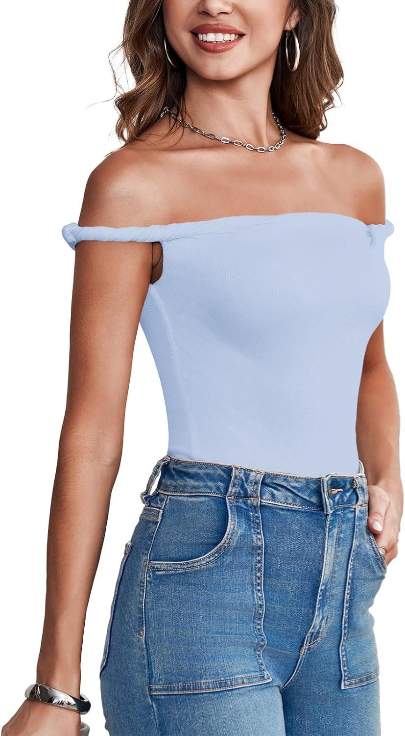 imageTankaneo Womens Off The Shoulder Top Sleeveless Slim Fit Stretchy Tank Top Y2k Casual T ShirtsBlue