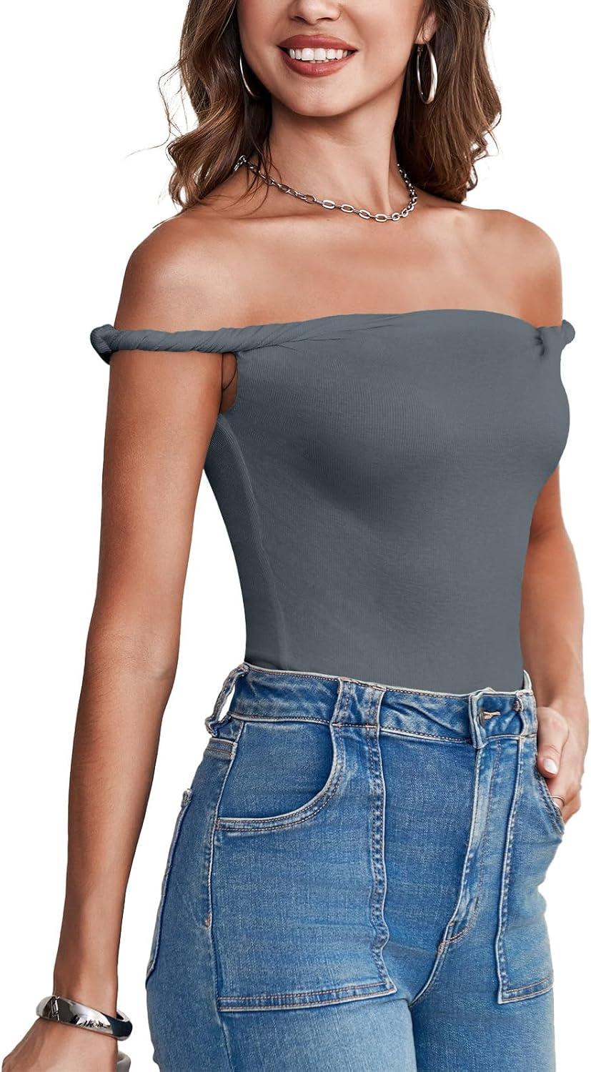 imageTankaneo Womens Off The Shoulder Top Sleeveless Slim Fit Stretchy Tank Top Y2k Casual T ShirtsDark Grey