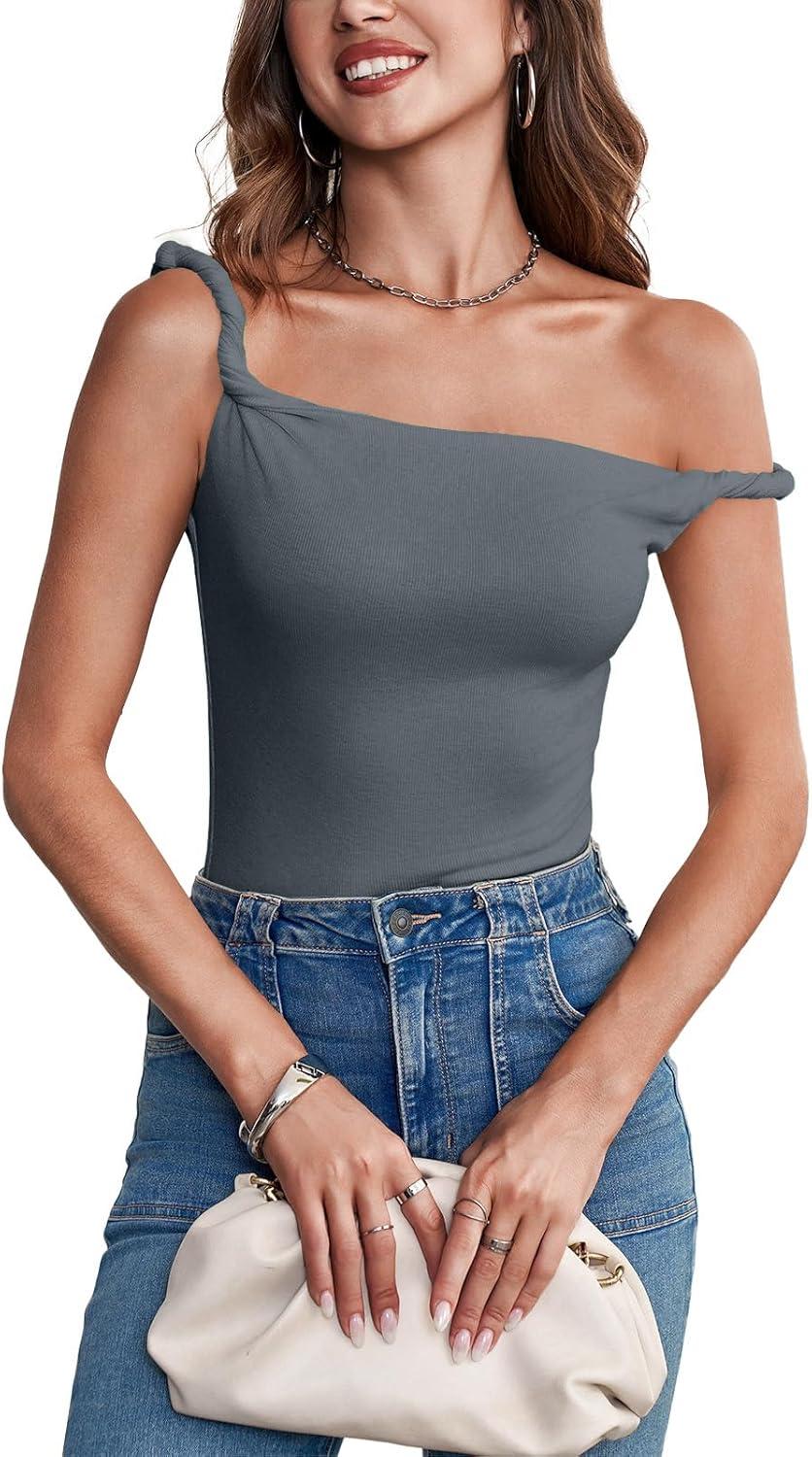 imageTankaneo Womens Off The Shoulder Top Sleeveless Slim Fit Stretchy Tank Top Y2k Casual T ShirtsDark Grey