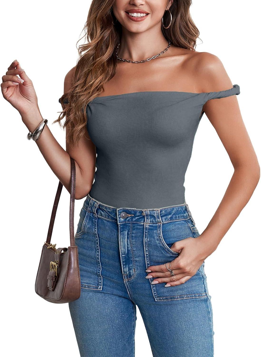 imageTankaneo Womens Off The Shoulder Top Sleeveless Slim Fit Stretchy Tank Top Y2k Casual T ShirtsDark Grey