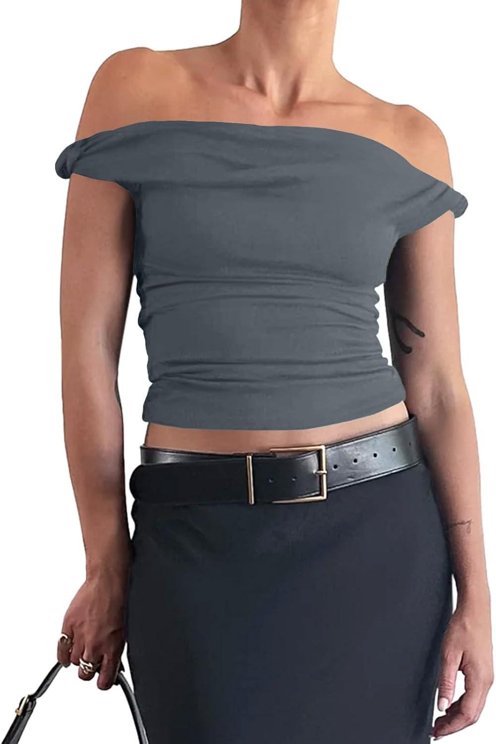 imageTankaneo Womens Off The Shoulder Top Sleeveless Slim Fit Stretchy Tank Top Y2k Casual T ShirtsDark Grey