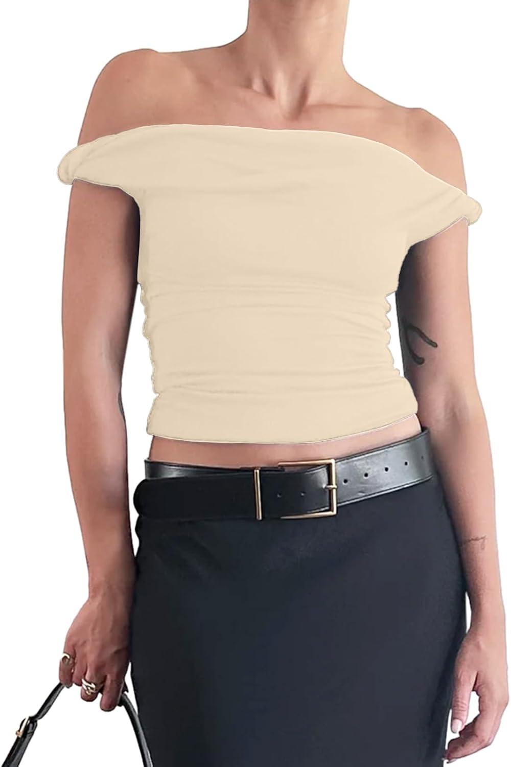 imageTankaneo Womens Off The Shoulder Top Sleeveless Slim Fit Stretchy Tank Top Y2k Casual T ShirtsOffwhite