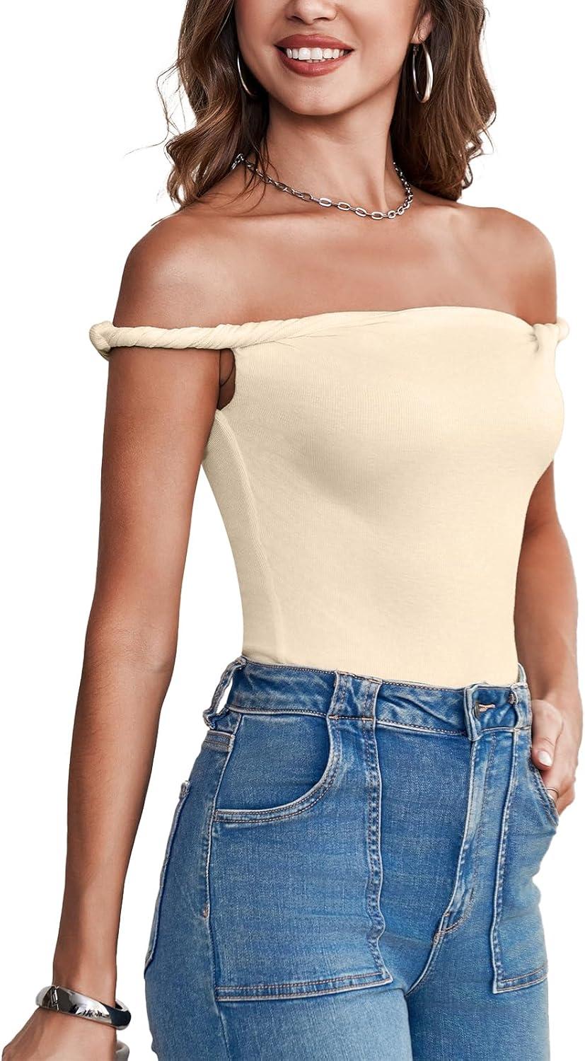 imageTankaneo Womens Off The Shoulder Top Sleeveless Slim Fit Stretchy Tank Top Y2k Casual T ShirtsOffwhite