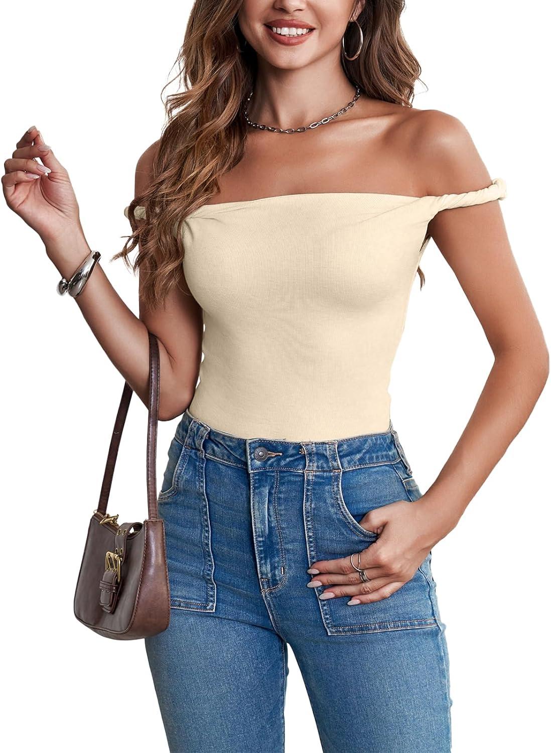 imageTankaneo Womens Off The Shoulder Top Sleeveless Slim Fit Stretchy Tank Top Y2k Casual T ShirtsOffwhite