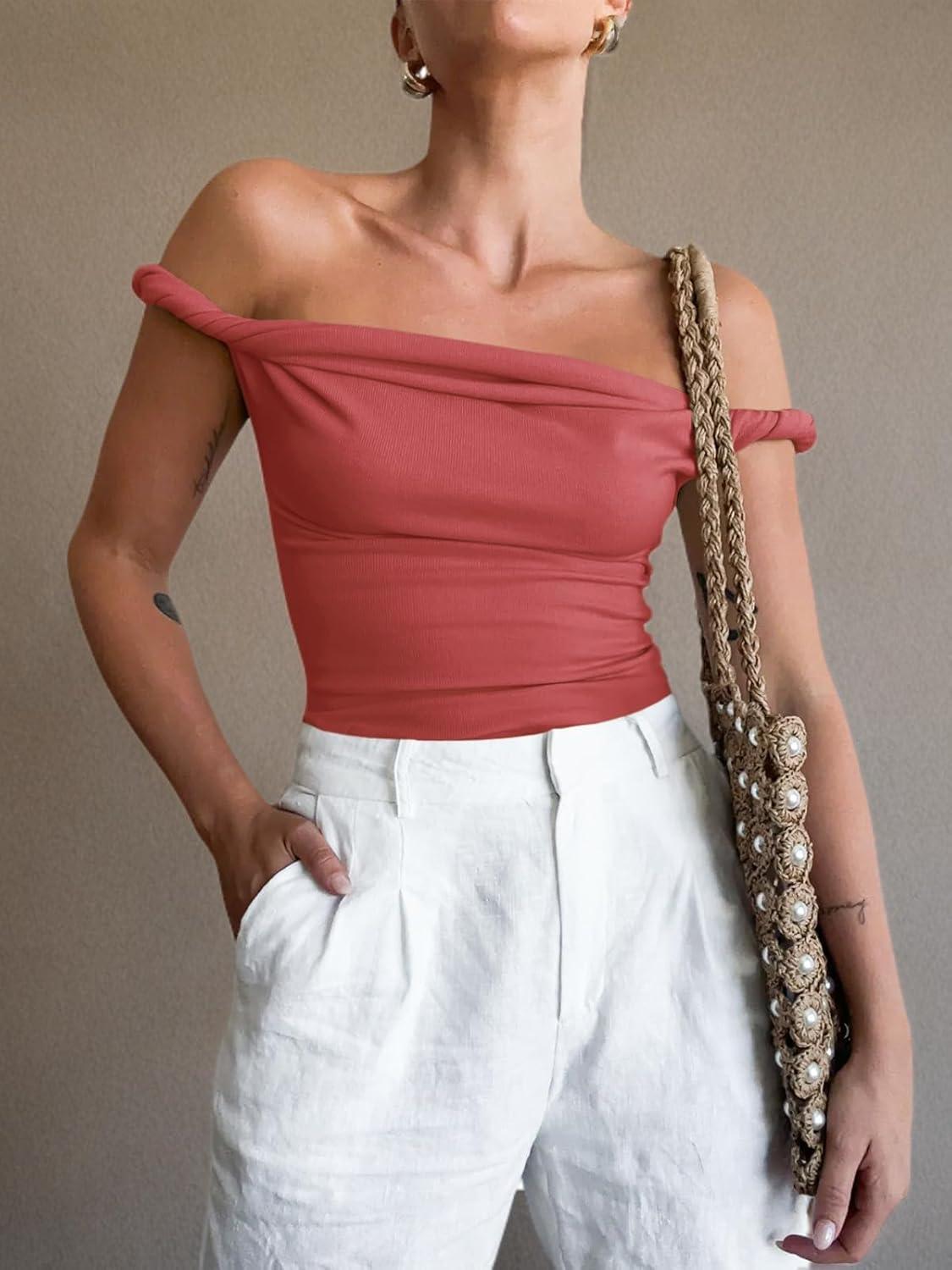 imageTankaneo Womens Off The Shoulder Top Sleeveless Slim Fit Stretchy Tank Top Y2k Casual T ShirtsRed