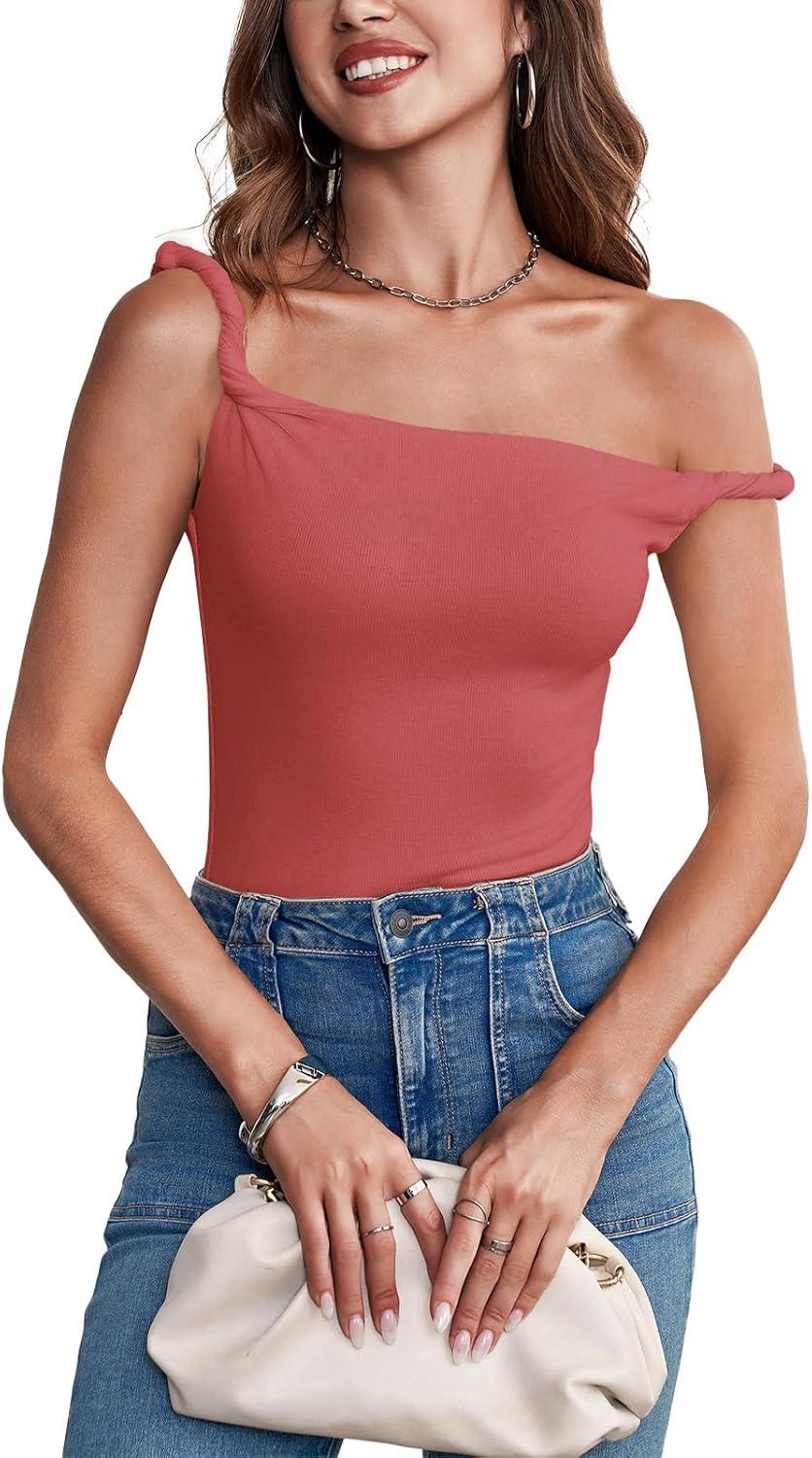 imageTankaneo Womens Off The Shoulder Top Sleeveless Slim Fit Stretchy Tank Top Y2k Casual T ShirtsRed