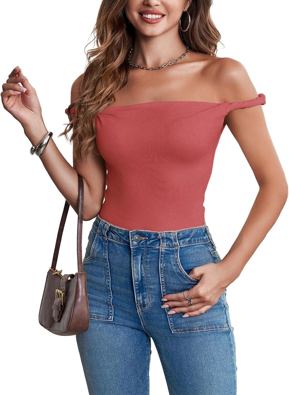 imageTankaneo Womens Off The Shoulder Top Sleeveless Slim Fit Stretchy Tank Top Y2k Casual T ShirtsRed