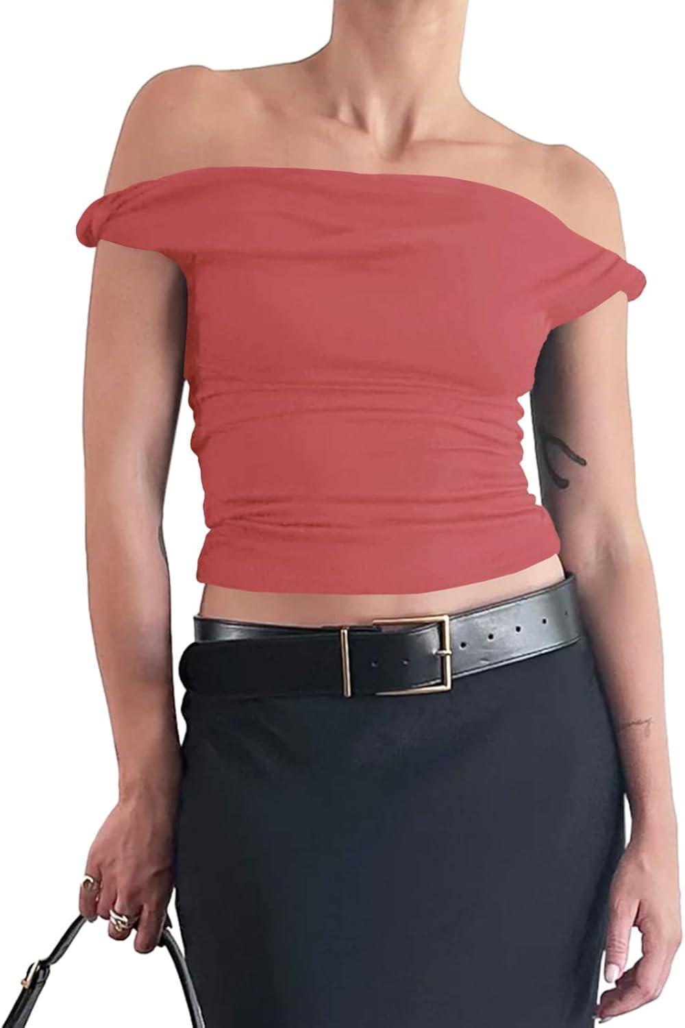 imageTankaneo Womens Off The Shoulder Top Sleeveless Slim Fit Stretchy Tank Top Y2k Casual T ShirtsRed