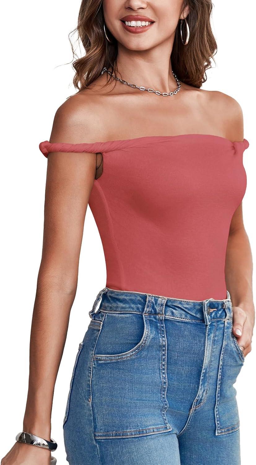 imageTankaneo Womens Off The Shoulder Top Sleeveless Slim Fit Stretchy Tank Top Y2k Casual T ShirtsRed