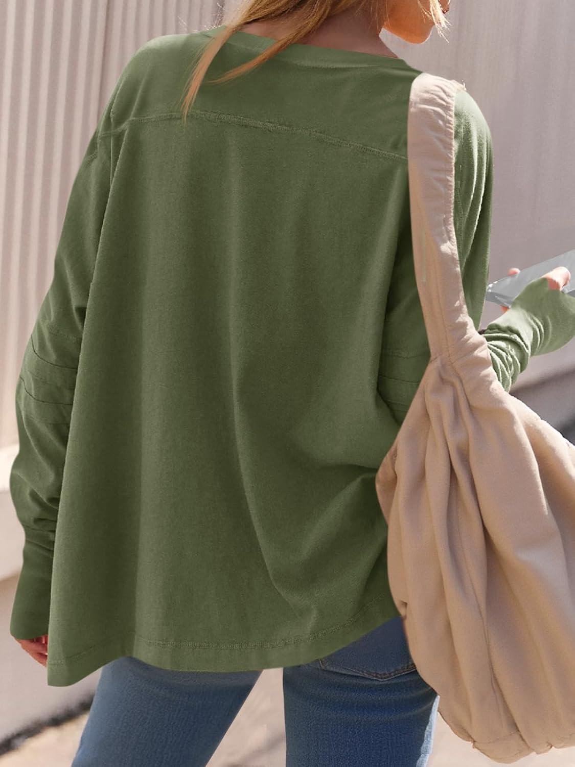 imageTankaneo Womens Oversized Long Sleeve Shirts V Neck Tshirts Casual Loose Fit Tunic Tops for Leggings with Thumb HolesArmy Green