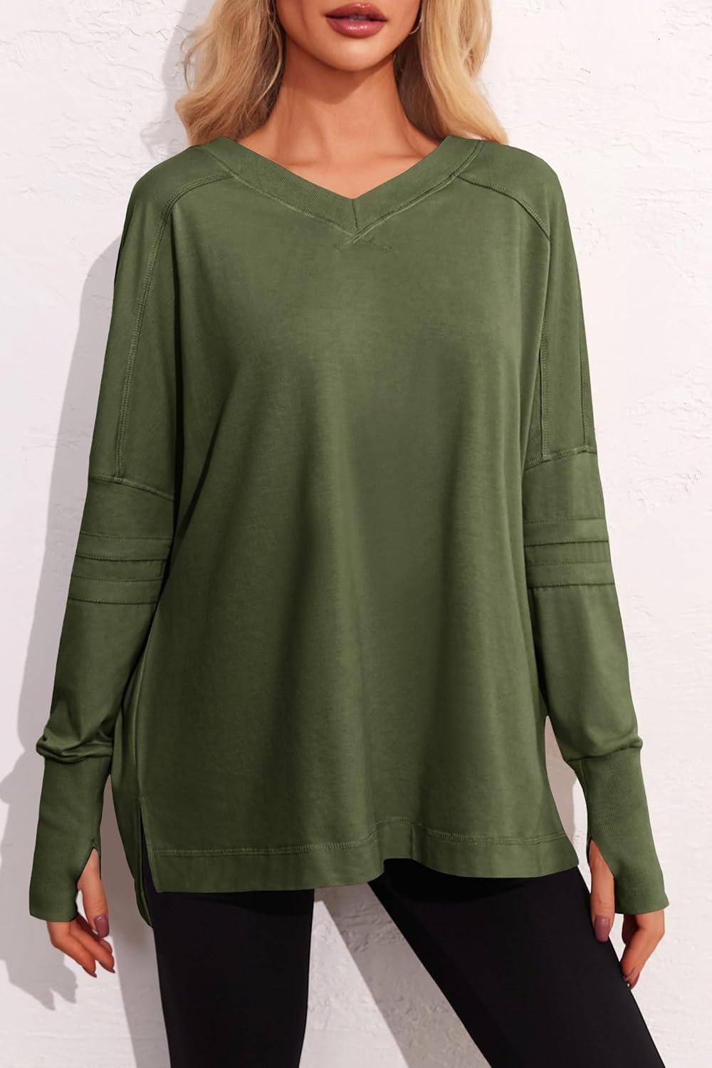 imageTankaneo Womens Oversized Long Sleeve Shirts V Neck Tshirts Casual Loose Fit Tunic Tops for Leggings with Thumb HolesArmy Green