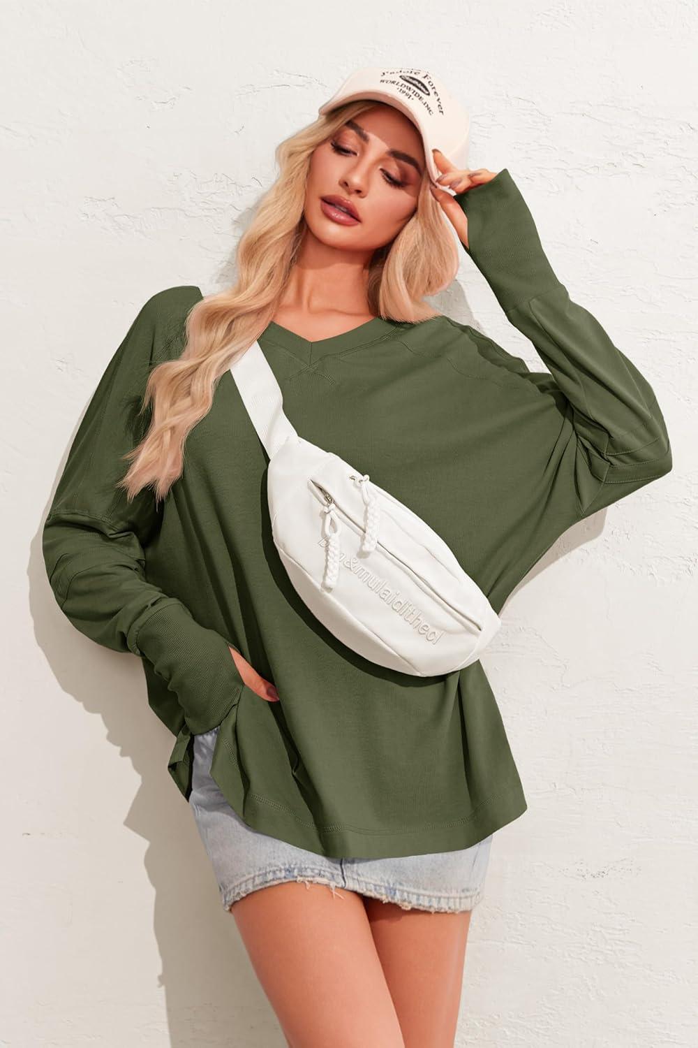 imageTankaneo Womens Oversized Long Sleeve Shirts V Neck Tshirts Casual Loose Fit Tunic Tops for Leggings with Thumb HolesArmy Green