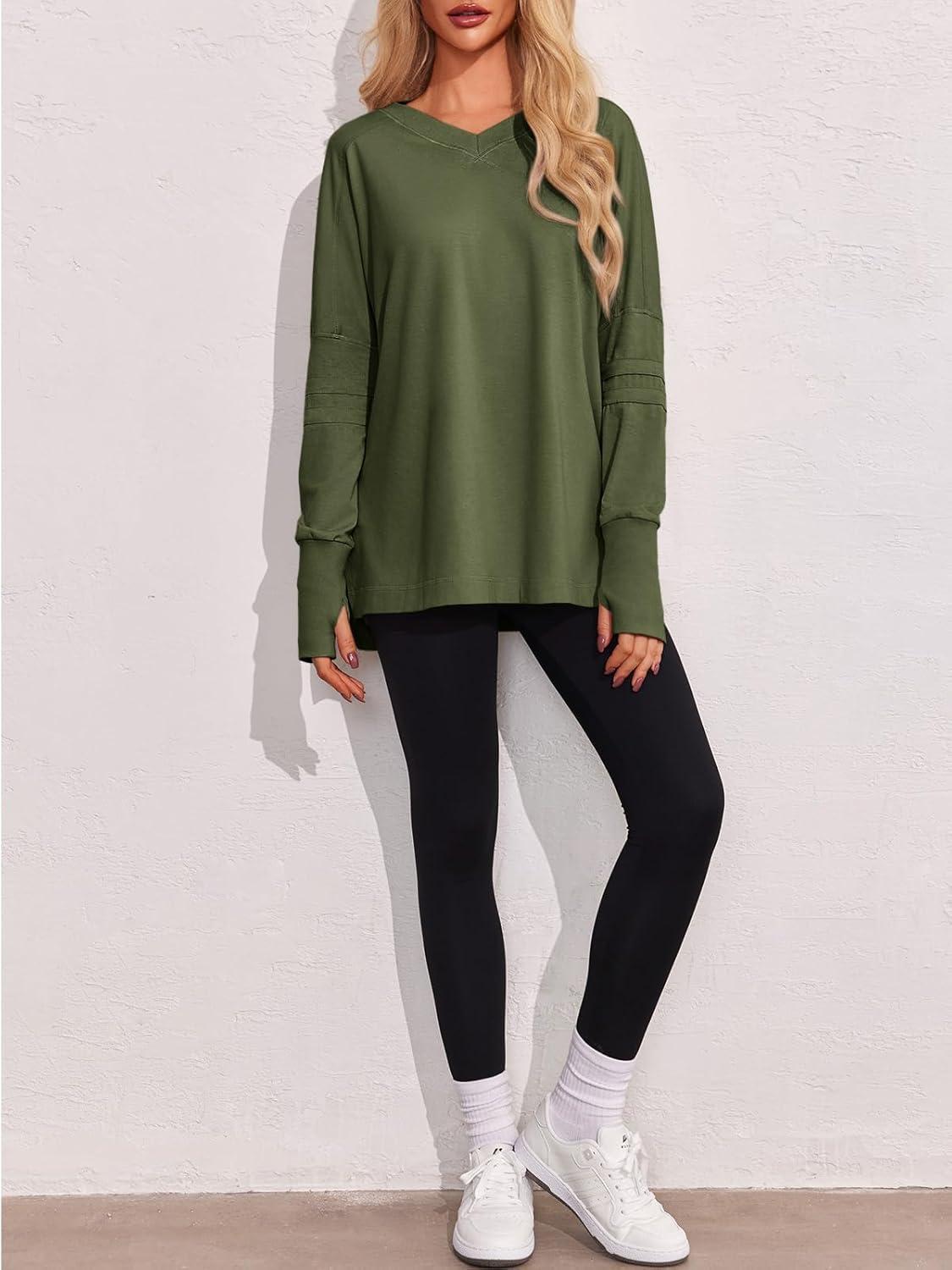 imageTankaneo Womens Oversized Long Sleeve Shirts V Neck Tshirts Casual Loose Fit Tunic Tops for Leggings with Thumb HolesArmy Green