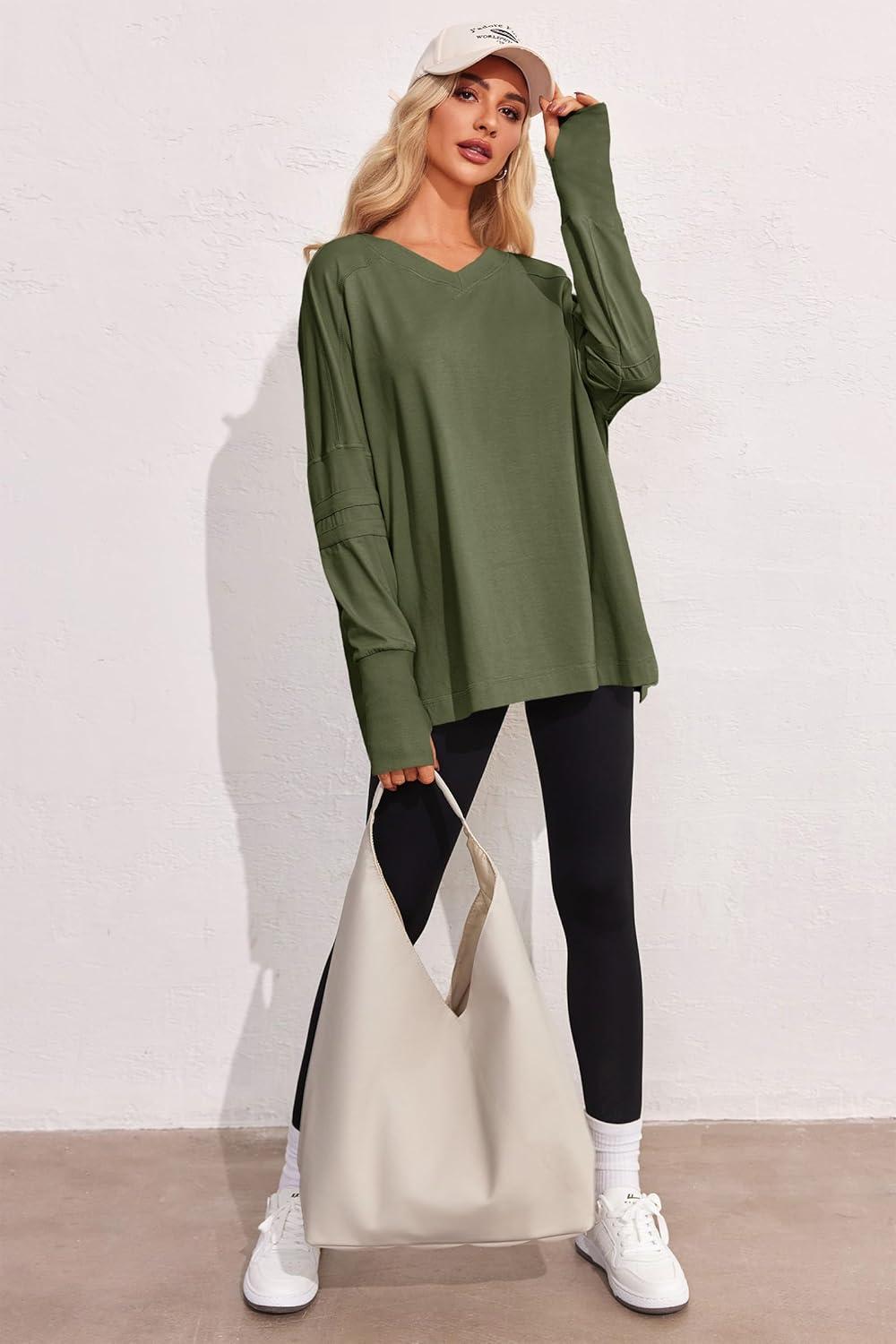 imageTankaneo Womens Oversized Long Sleeve Shirts V Neck Tshirts Casual Loose Fit Tunic Tops for Leggings with Thumb HolesArmy Green