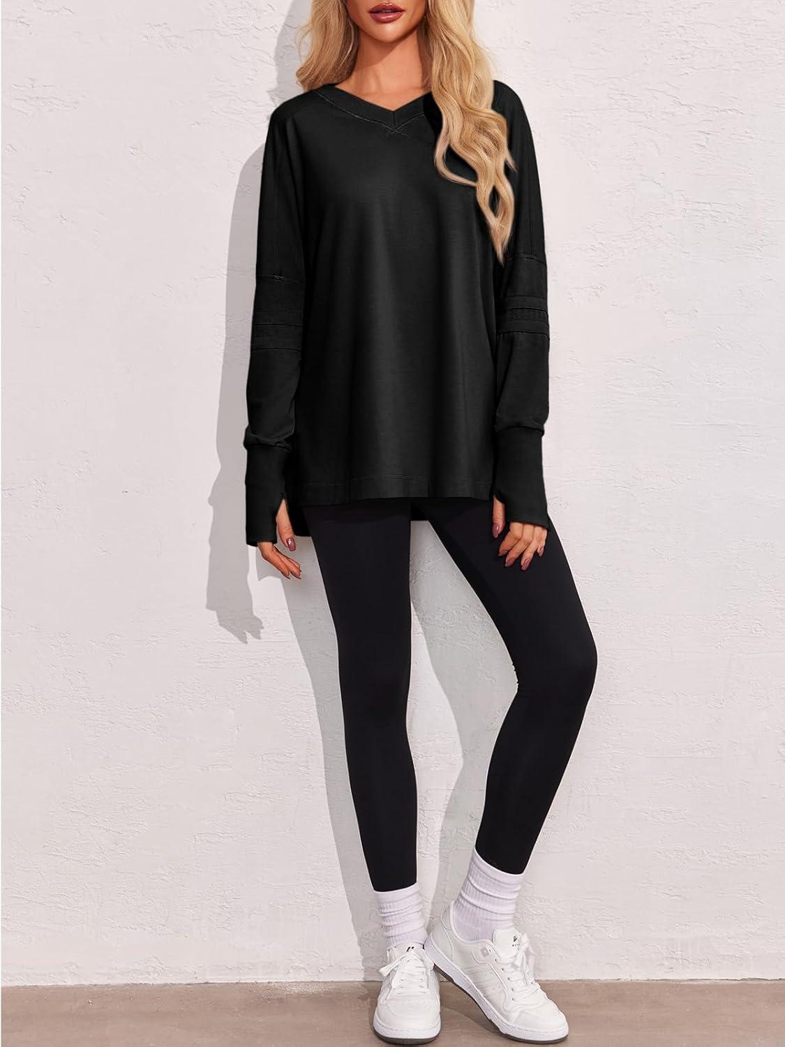 imageTankaneo Womens Oversized Long Sleeve Shirts V Neck Tshirts Casual Loose Fit Tunic Tops for Leggings with Thumb HolesBlack