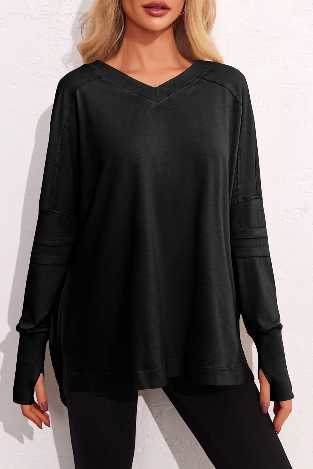 imageTankaneo Womens Oversized Long Sleeve Shirts V Neck Tshirts Casual Loose Fit Tunic Tops for Leggings with Thumb HolesBlack
