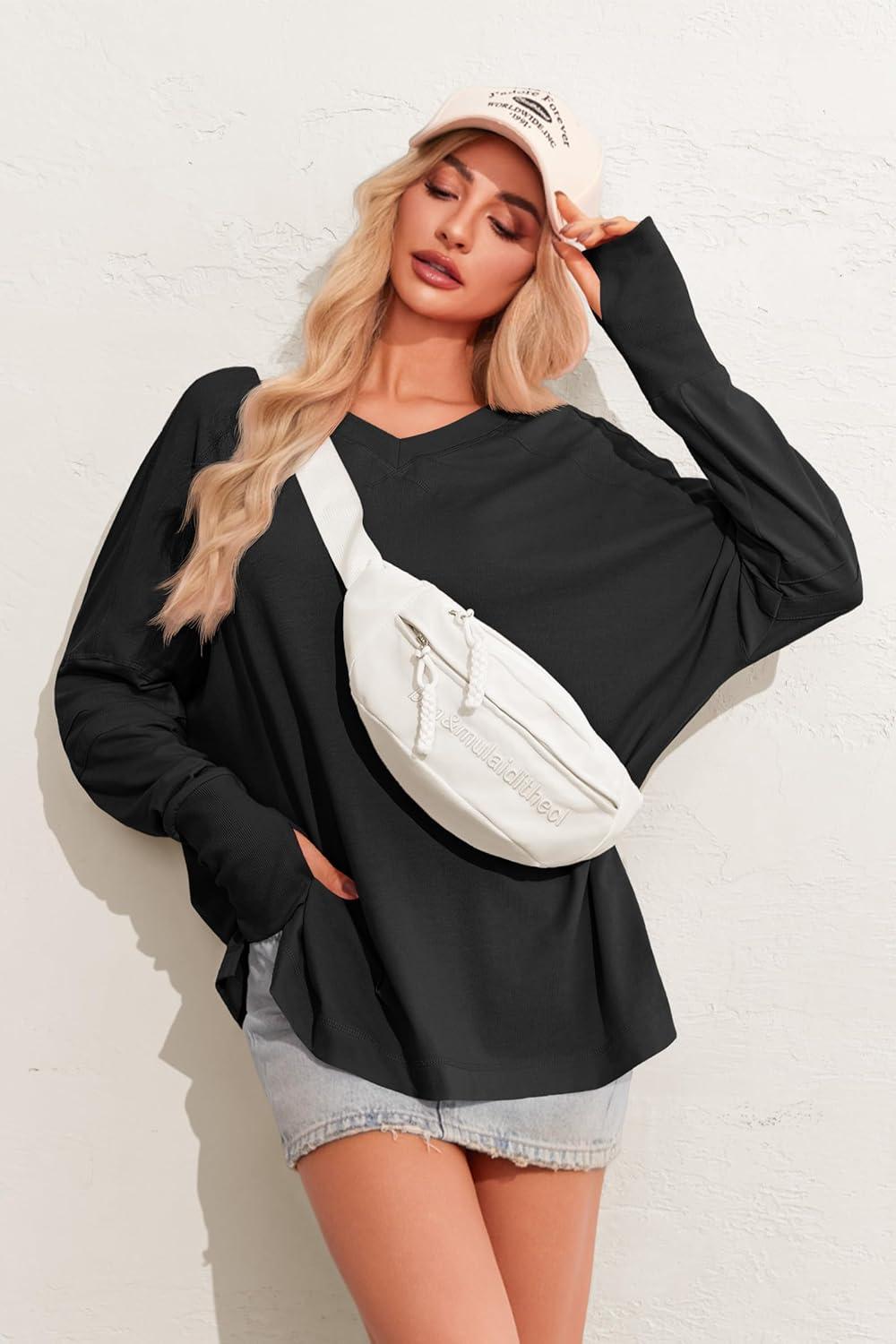 imageTankaneo Womens Oversized Long Sleeve Shirts V Neck Tshirts Casual Loose Fit Tunic Tops for Leggings with Thumb HolesBlack