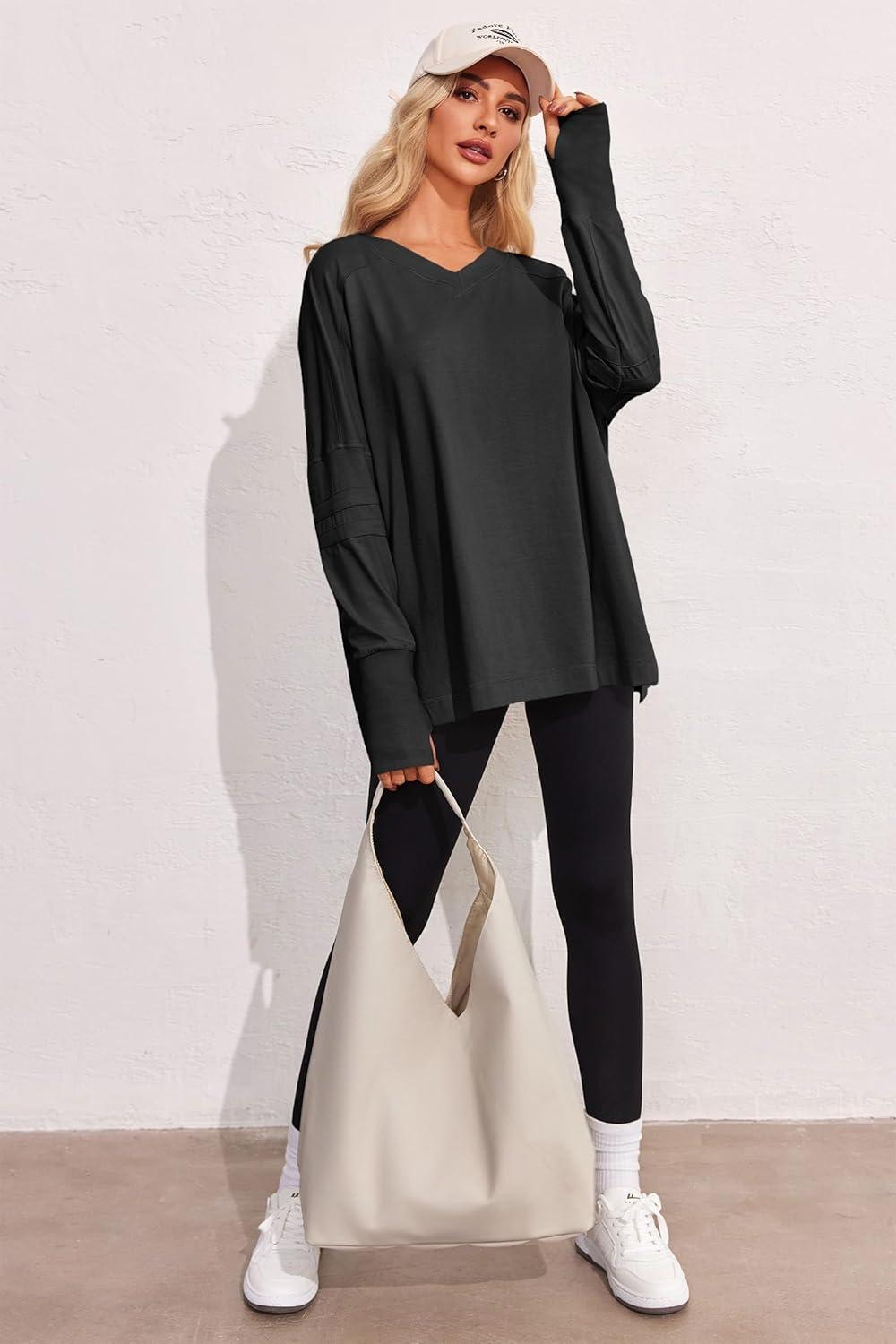 imageTankaneo Womens Oversized Long Sleeve Shirts V Neck Tshirts Casual Loose Fit Tunic Tops for Leggings with Thumb HolesBlack