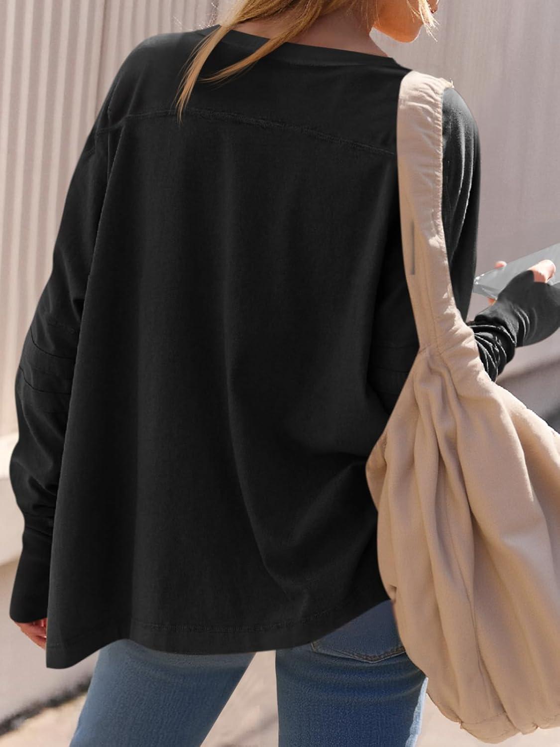 imageTankaneo Womens Oversized Long Sleeve Shirts V Neck Tshirts Casual Loose Fit Tunic Tops for Leggings with Thumb HolesBlack